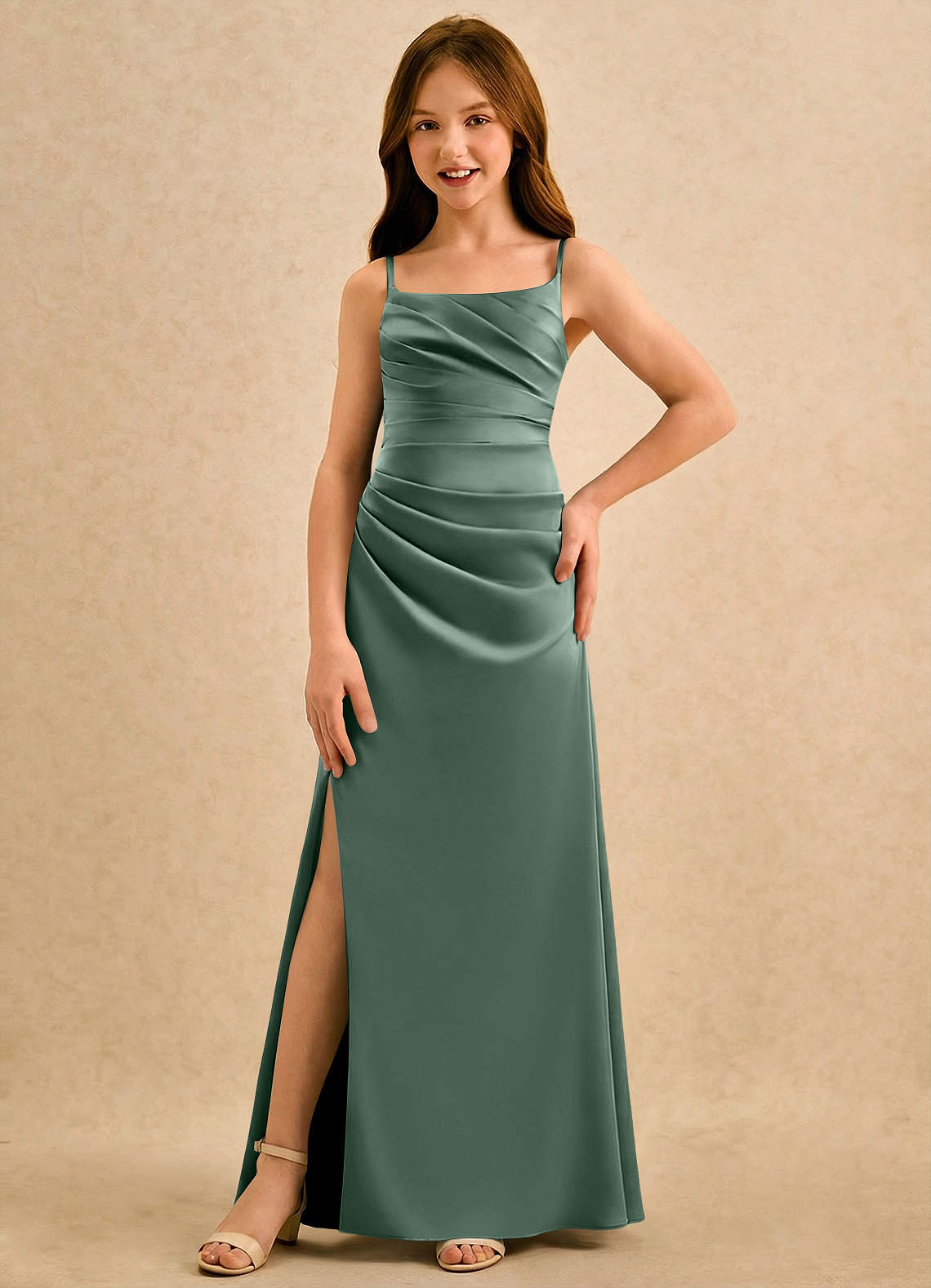 Azazie Cannoli Girls Formal Blumenmädchenkleider A-Linie Plissee Matte Satin Kleid Eukalyptus image2