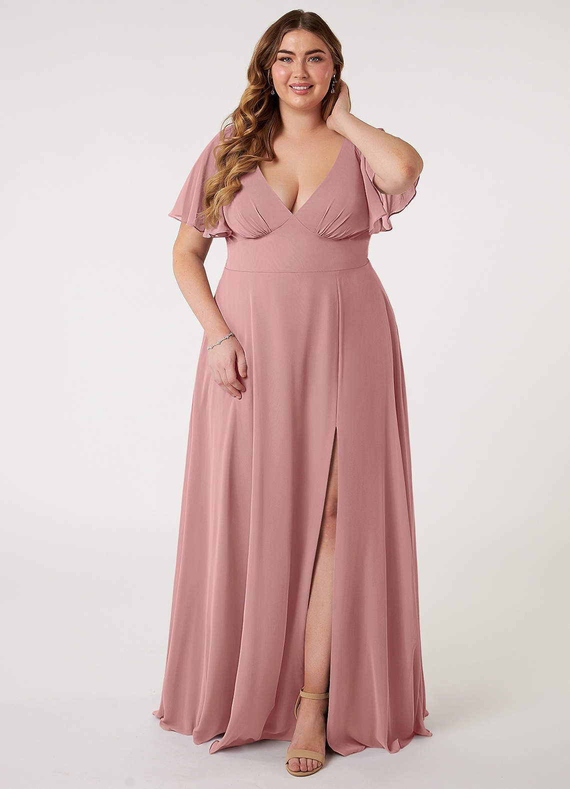 Azazie Kimber Bridesmaid Dresses Dusty Rose A-Line Flounce Sleeve Chiffon Dress image1