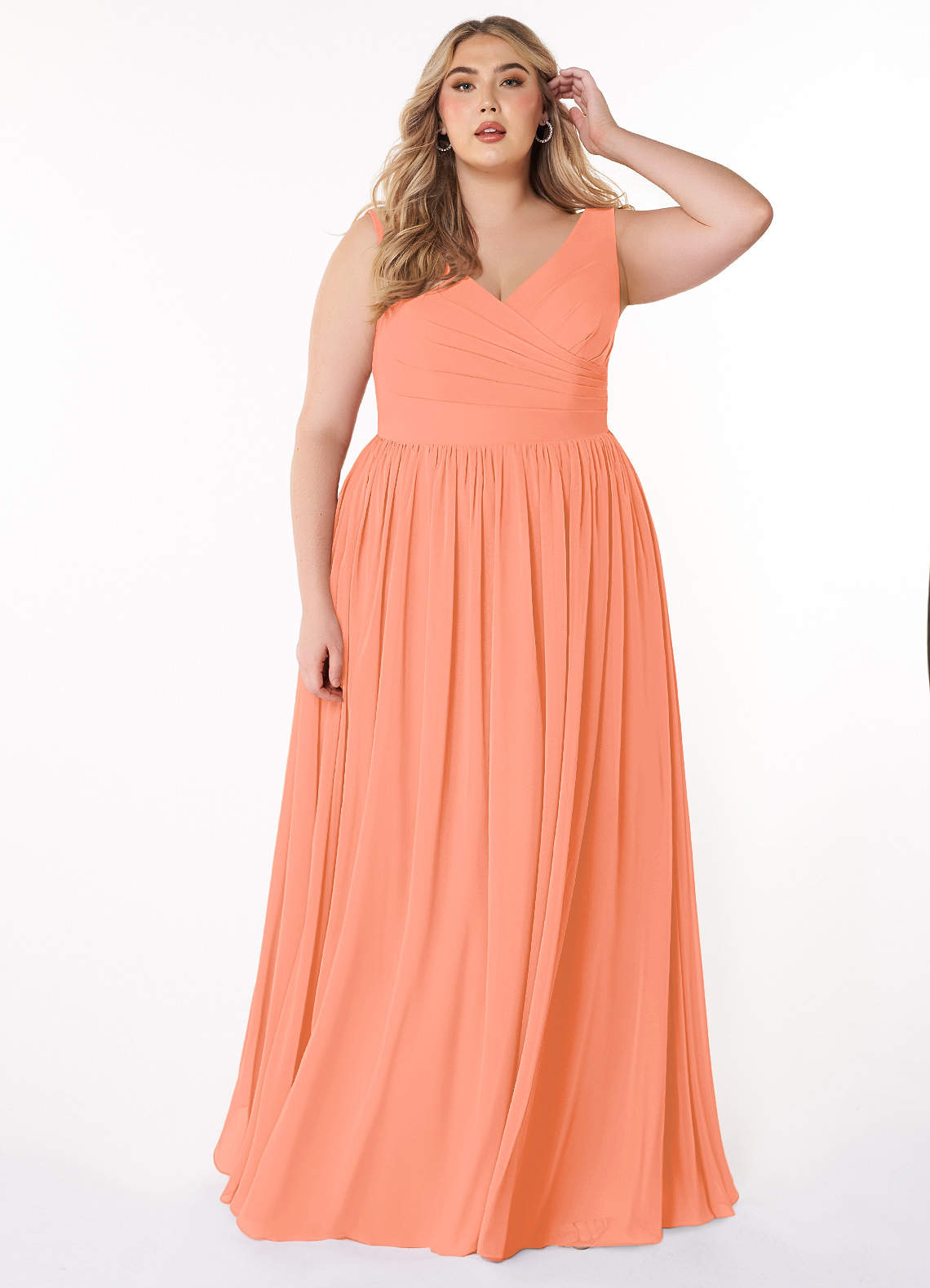 Azazie Keyla Brautjungfernkleider A-Linie V-Hals Gefaltet Chiffon Kleid Sonnenuntergang image1