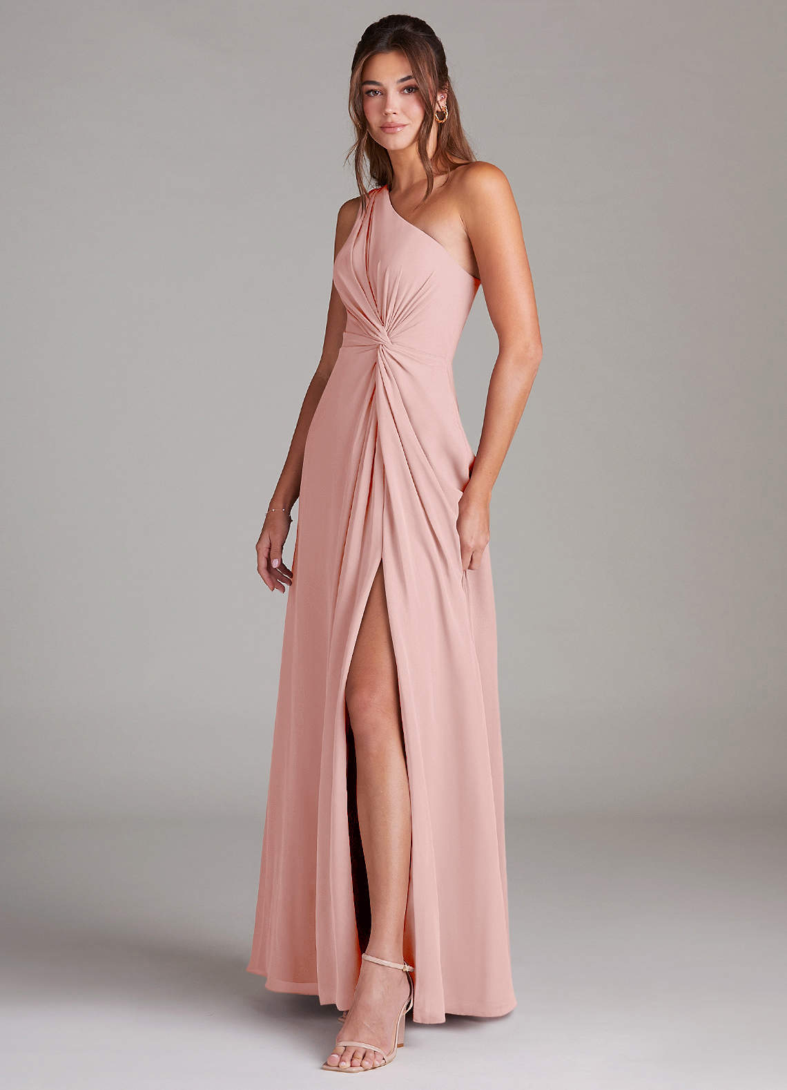 Azazie Brooke Bridesmaid Dresses Powder Pink A-Line One Shoulder Chiffon Dress image1