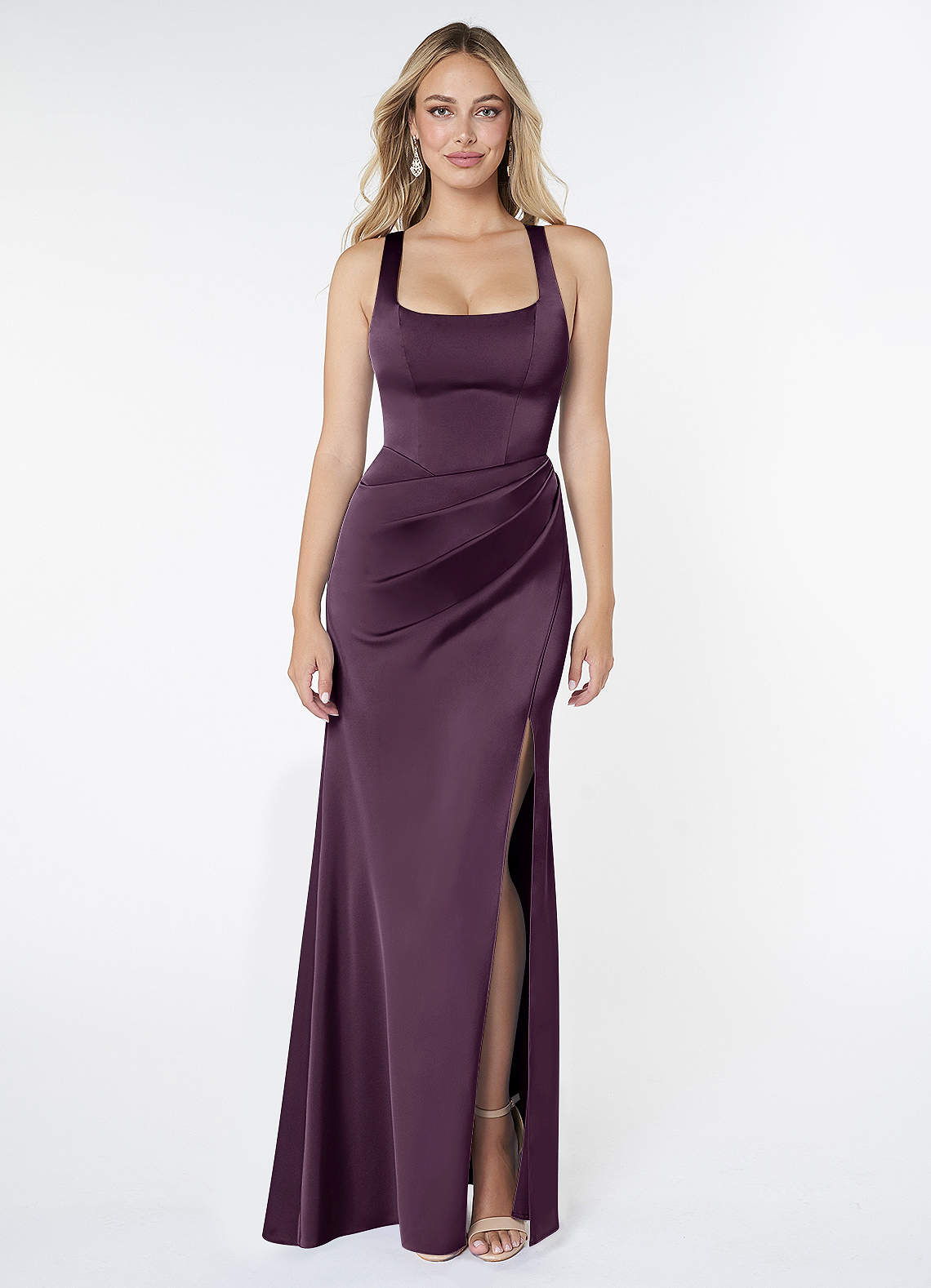 Azazie Mero Bridesmaid Dresses Plum Sheath Pleated Stretch Satin Dress image1