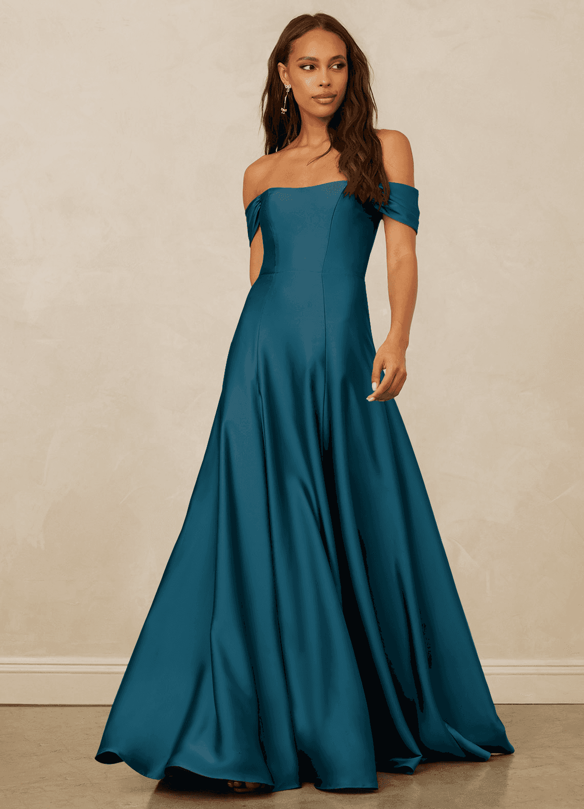 Christian Siriano Bridal for Azazie 1002 Bridesmaid Dresses Ink Blue A-Line Off the Shoulder Stretch Satin Convertible Dress image1