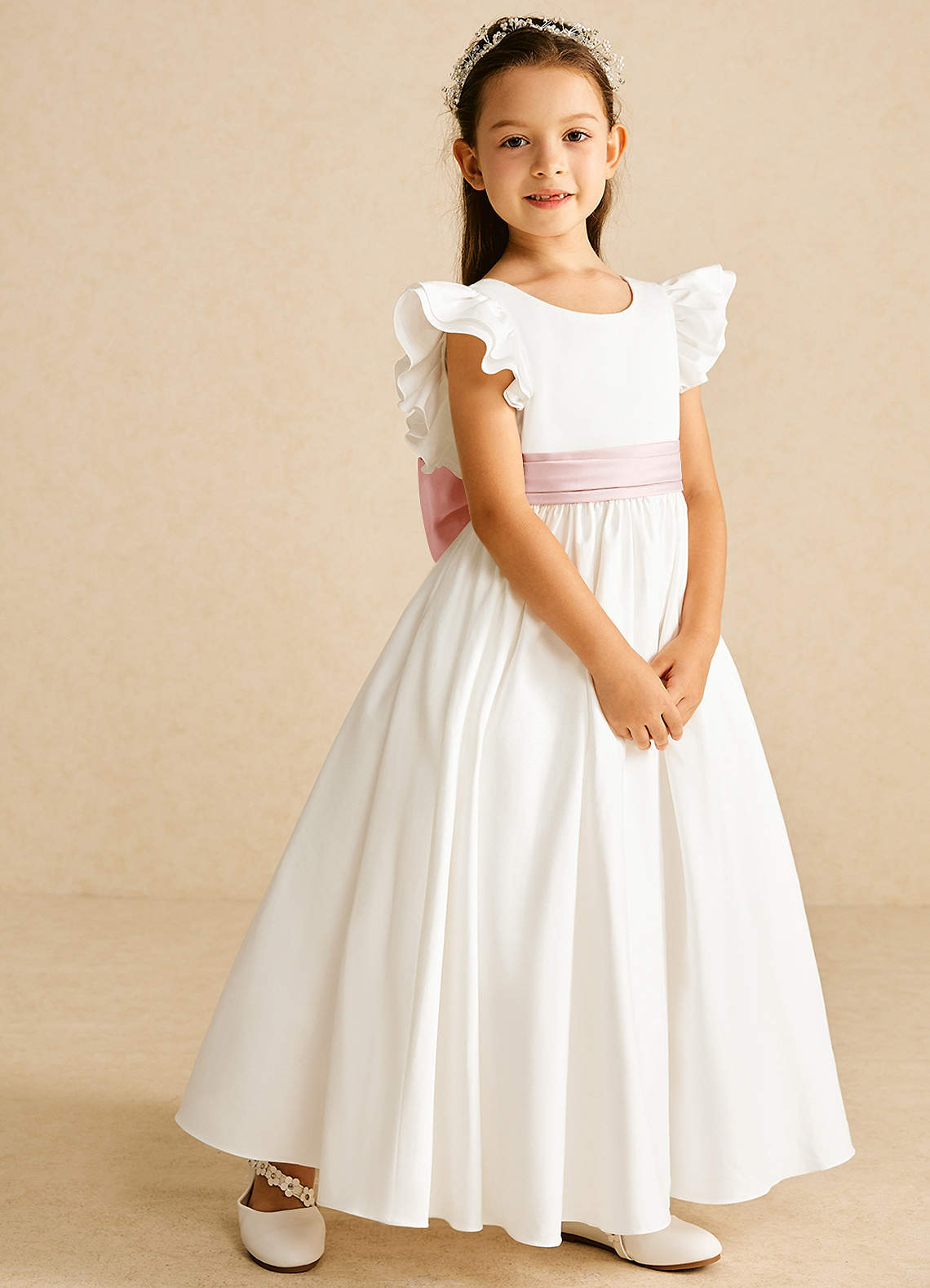 Azazie Aero Flower Girl Dresses Ivory Blushing Pink A-Line Pleated Cotton Dress image4