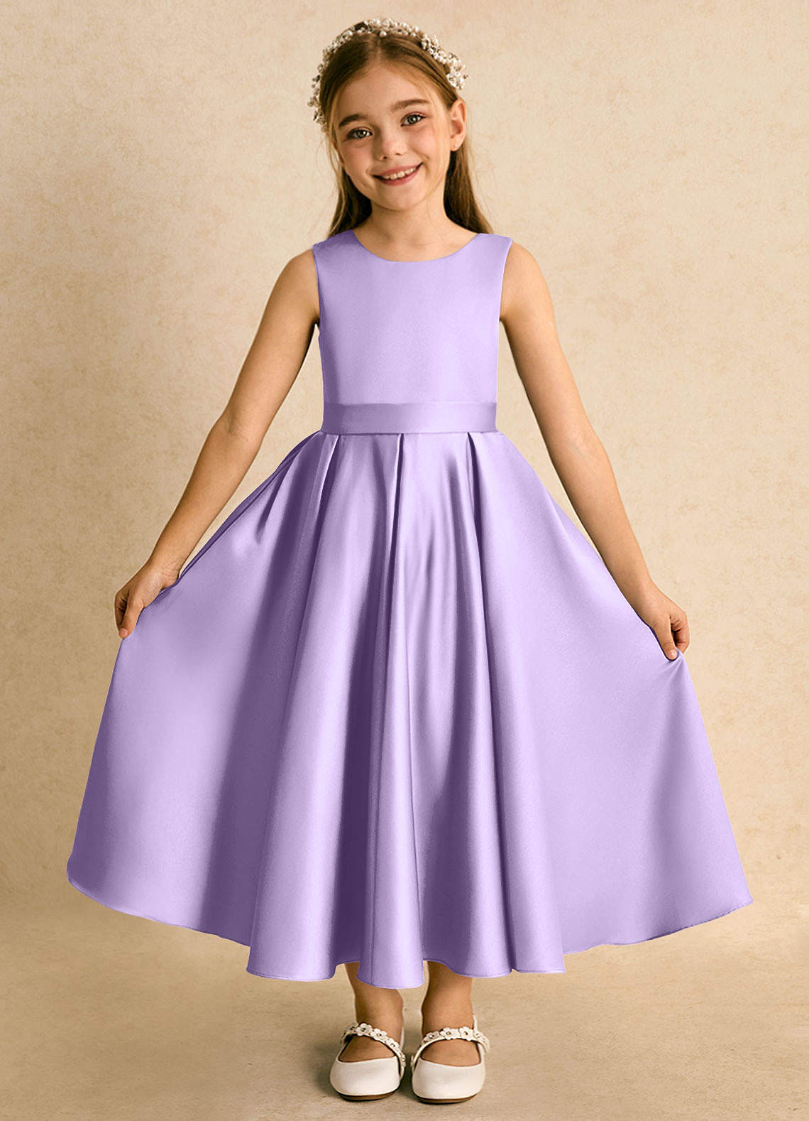 Azazie Junebuj vestidos de niña de las flores Vestido de Lila de Satin Mate de Princesa con Plisado image3