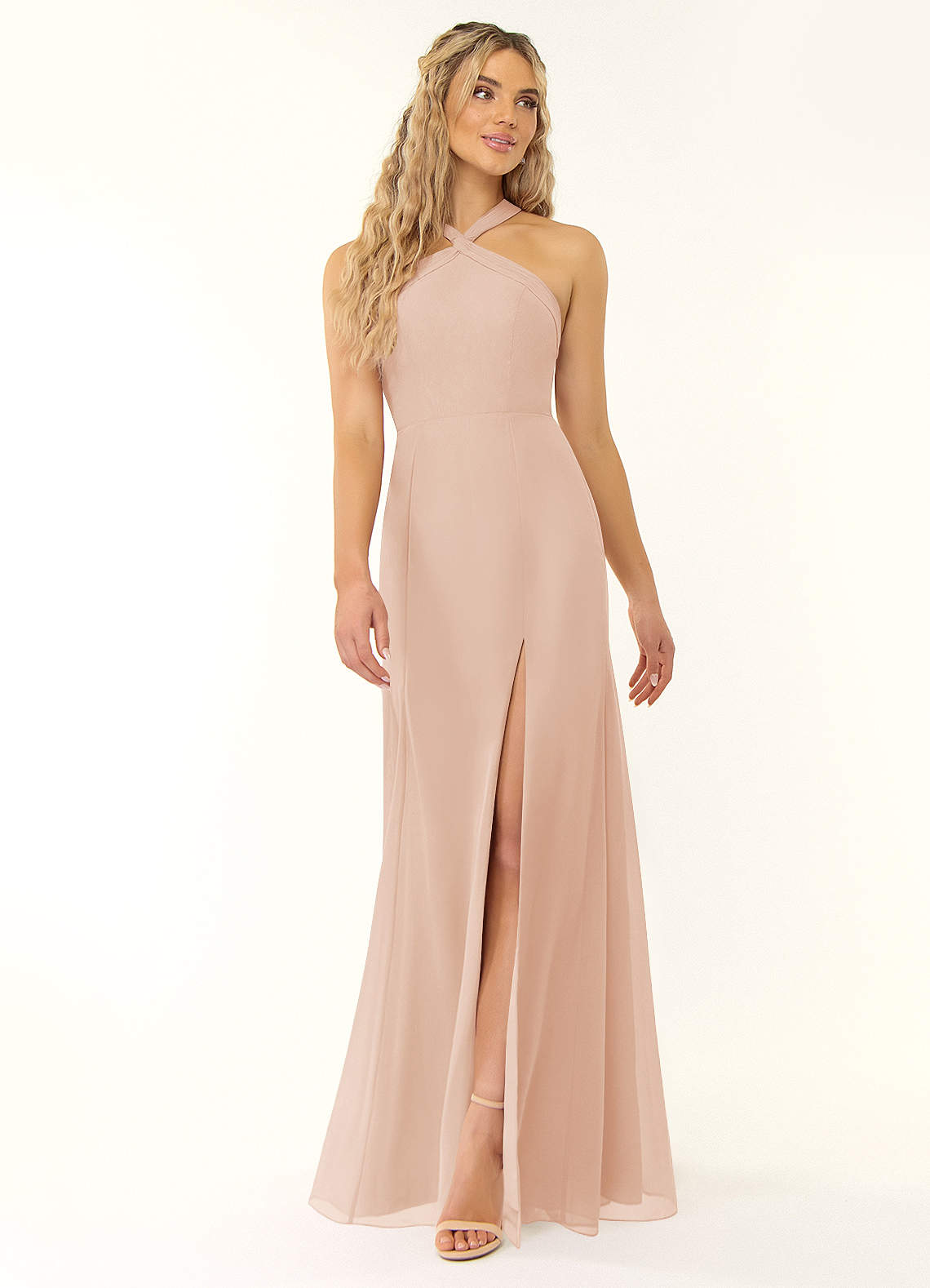 Azazie Rue Abiti da Damigella Abito A-Line in Chiffon con Scollo Halter Rosa Inglese image1