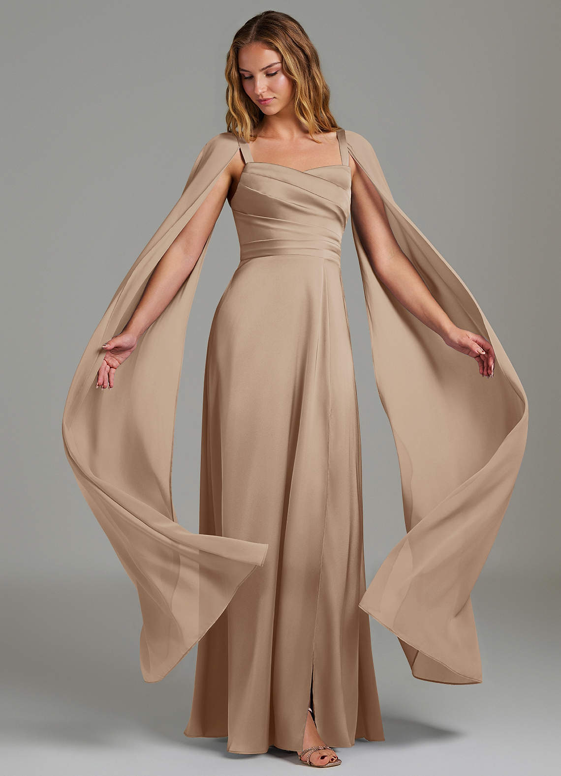 Azazie Niveah Ready to Ship Taupe Stretch Satin Bridesmaid Dresses