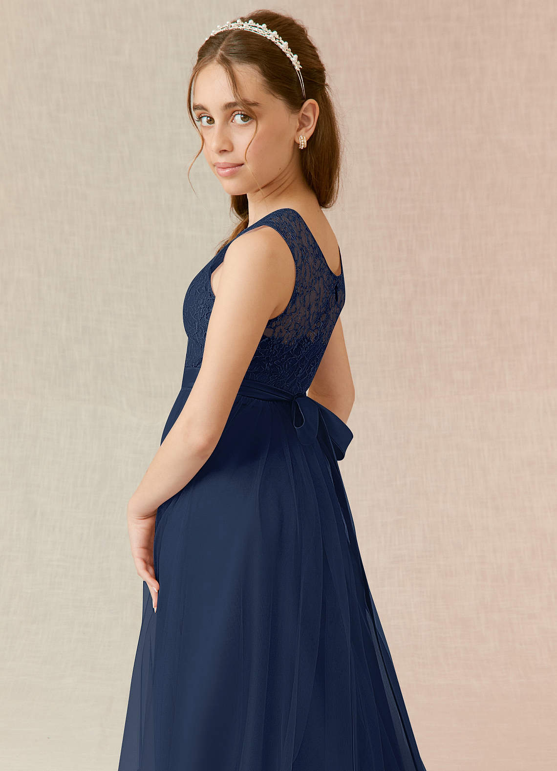 Azazie Georgette Junior A-Linie Spitze Tüll Kleid Dunkelmarine image5