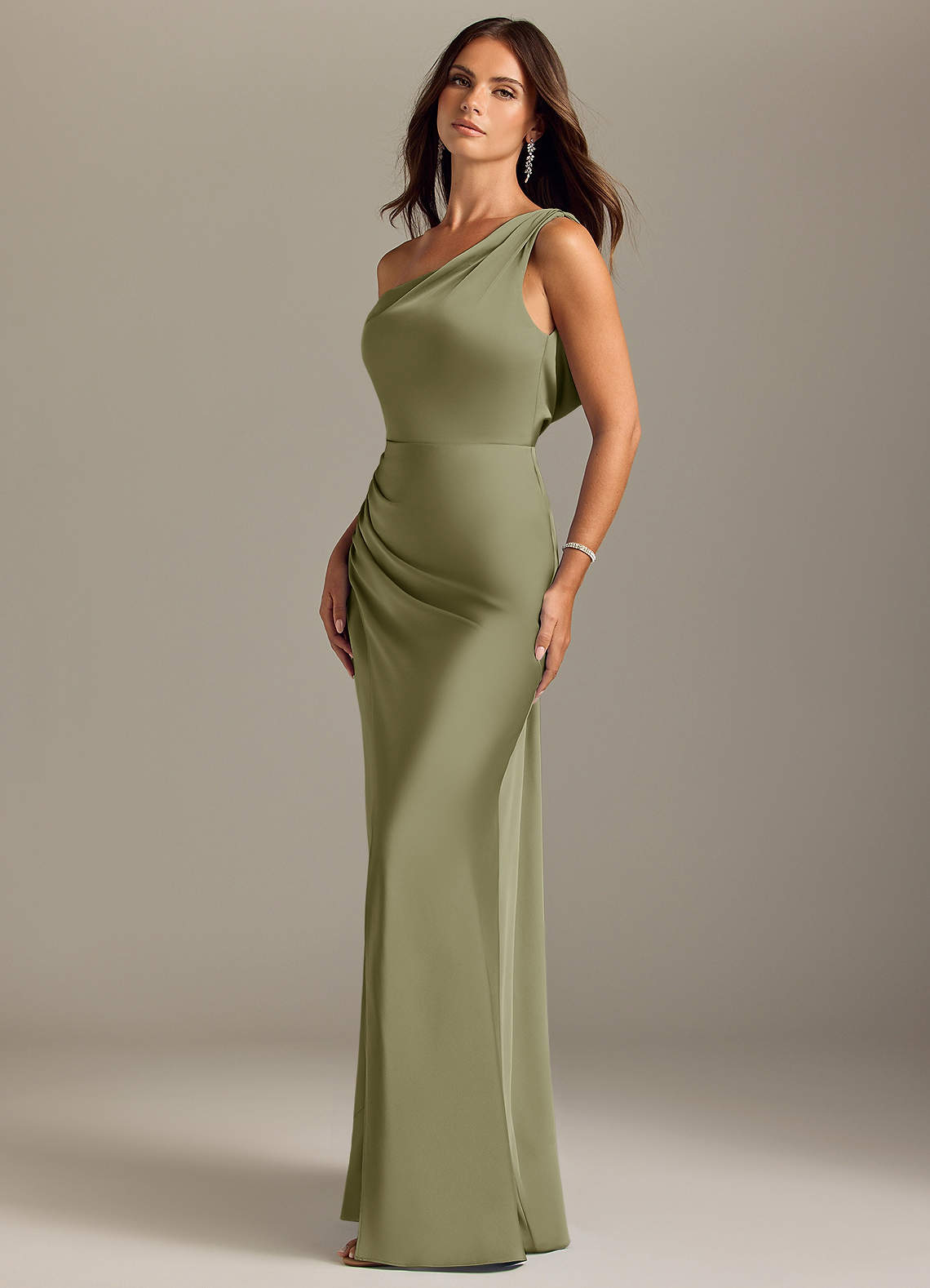 Azazie Madelyn Bridesmaid Dresses Pistachio Mermaid One Shoulder Stretch Satin Convertible Dress image2