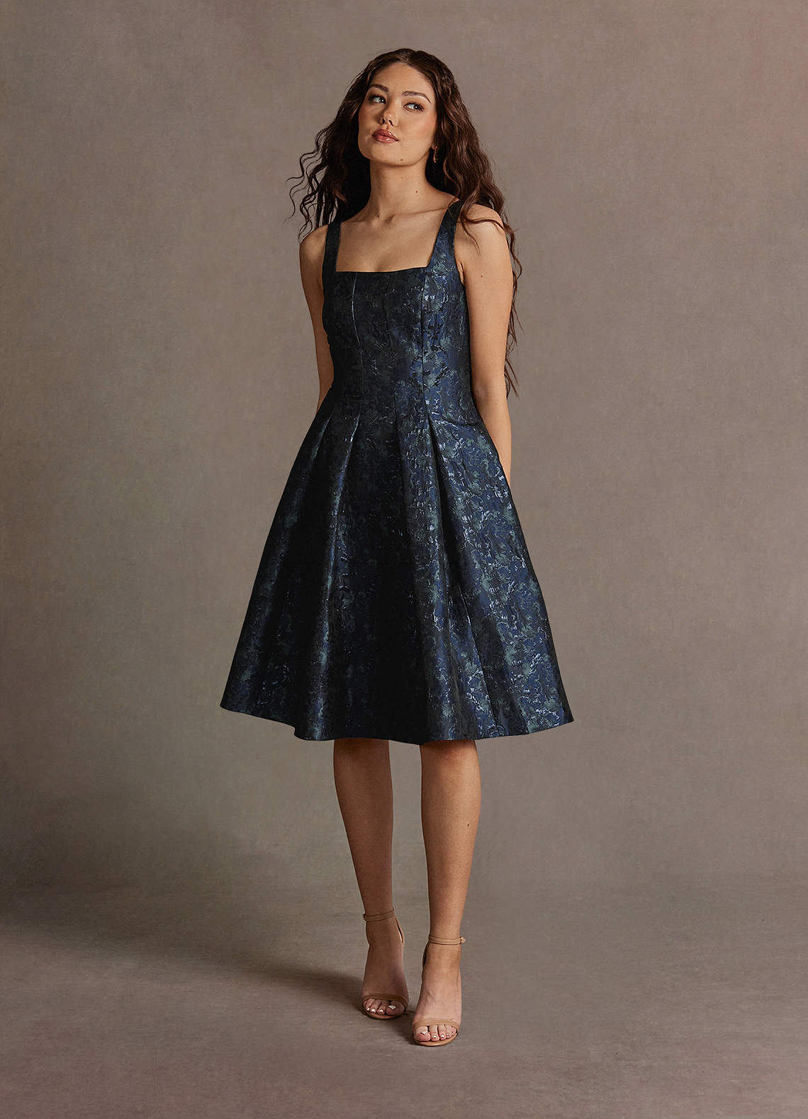 Jackey Navy Jacquard Pleated Midi Dress | Azazie