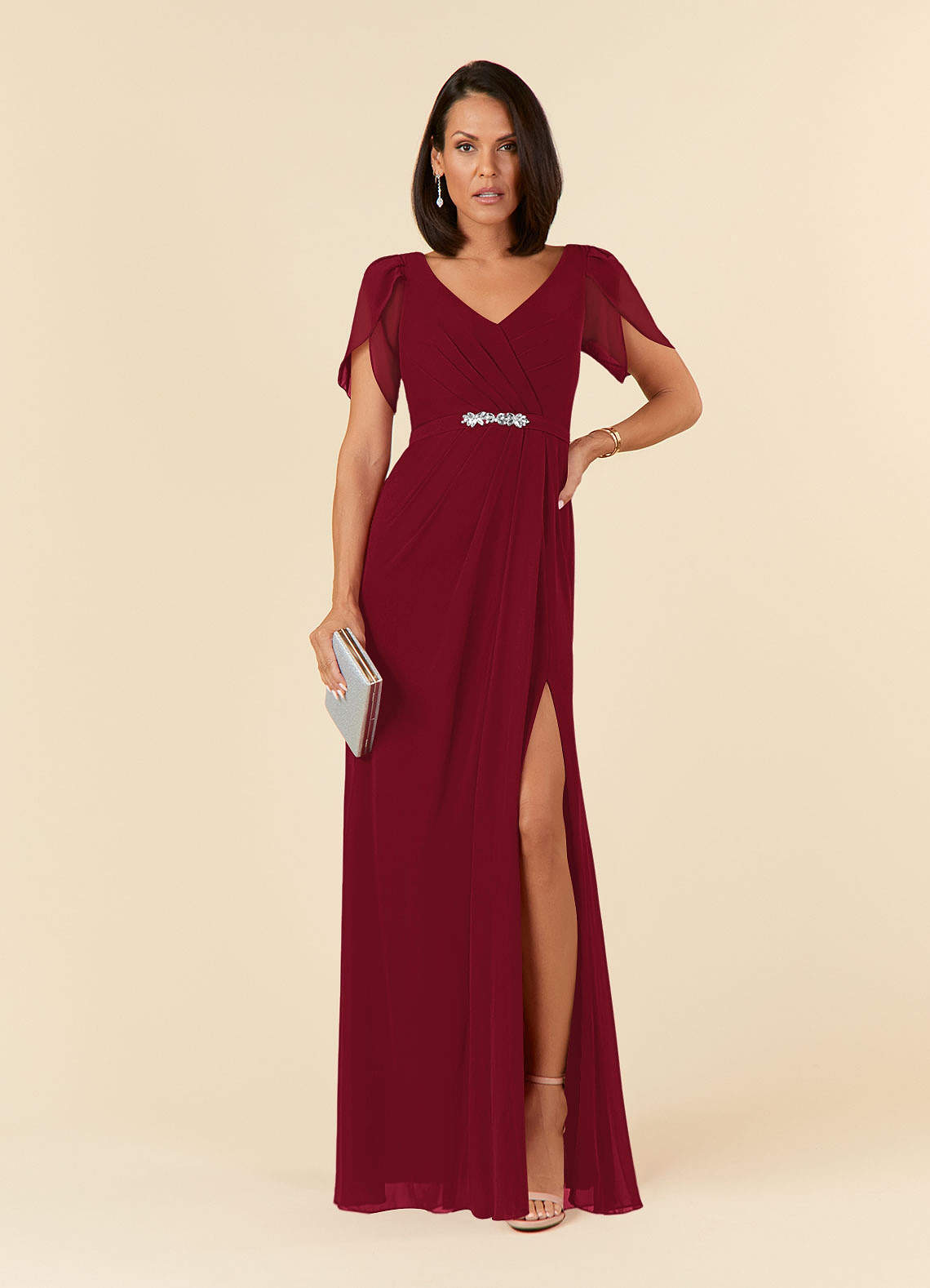 Azazie Marianne Mother of the Bride Dresses Burgundy Sheath V-Neck Pleated Chiffon Dress image1
