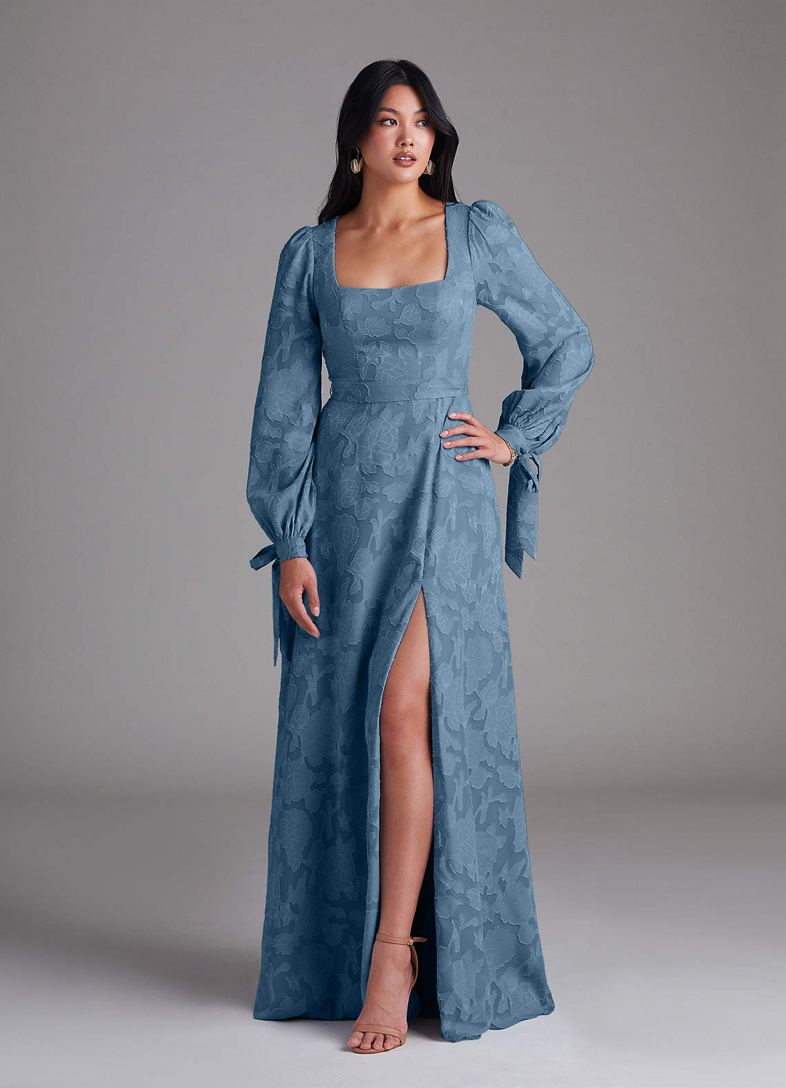 Azazie Leonia Bridesmaid Dresses Steel Blue A-Line Long Sleeve Floral Burnout Dress image1