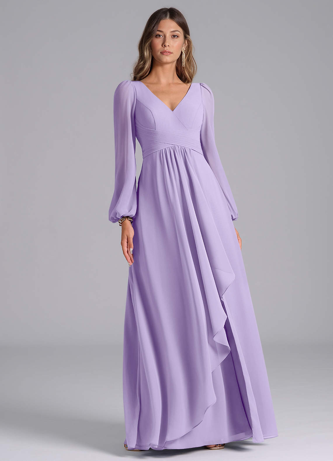 azazie lilac bridesmaid dresses A-Line V-Neck Long Sleeve Floor-Length Chiffon Season 1 Dolores Cosplay