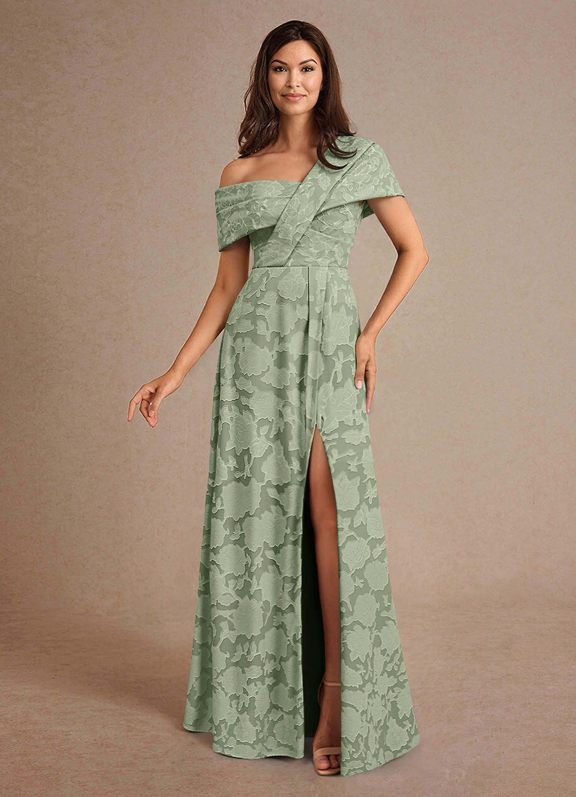 Azazie Milton Kleider für die Brautmutter A-Linie Plissee Blumen-Burnout Kleid Staubiger Salbeigrün image1
