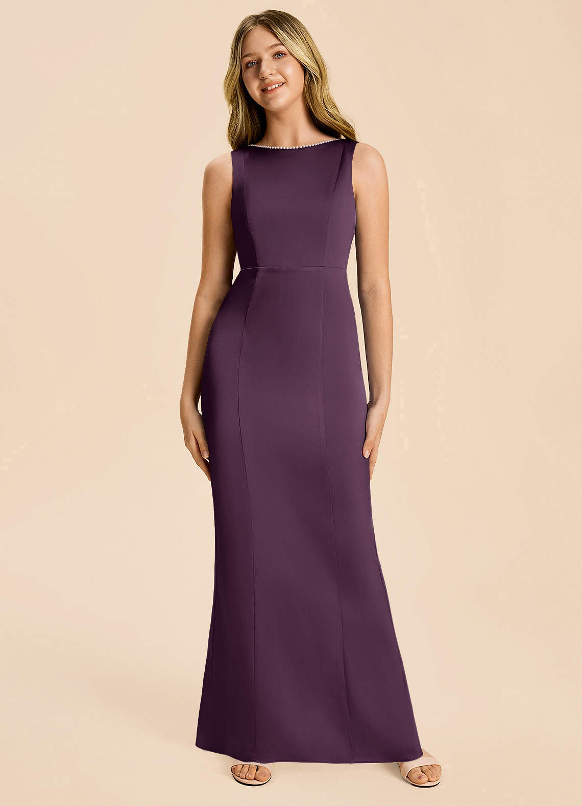 Azazie Emi Junior Plum Sheath Bow Stretch Satin Dress image5