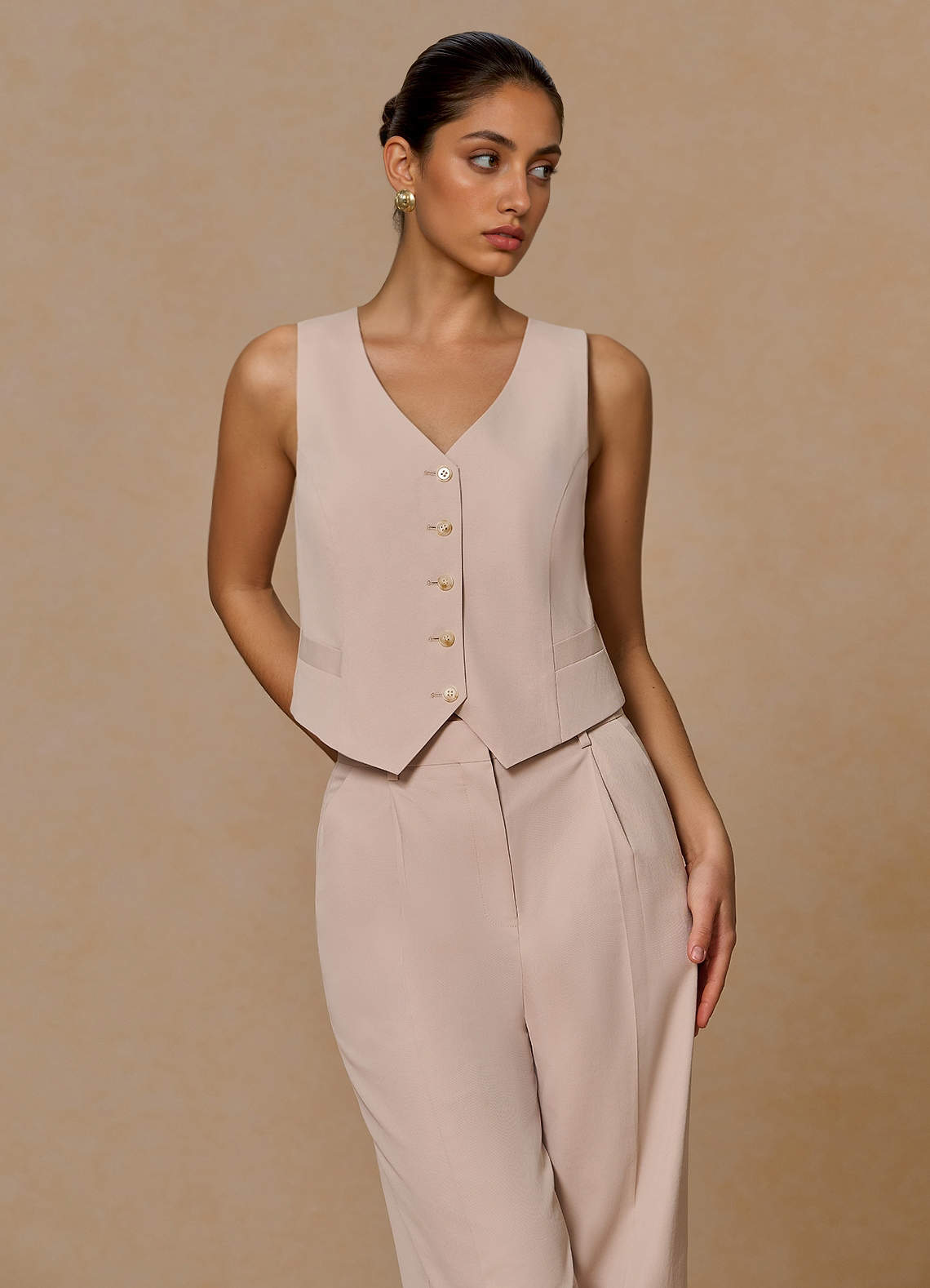 front Margaret Bronceado Chaleco de mezcla de algodón y lino