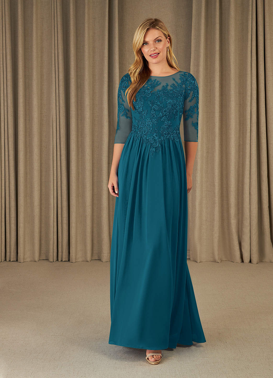 Azazie Mirielle Ink Blue A-Line Scoop Lace Chiffon Dress | Azazie