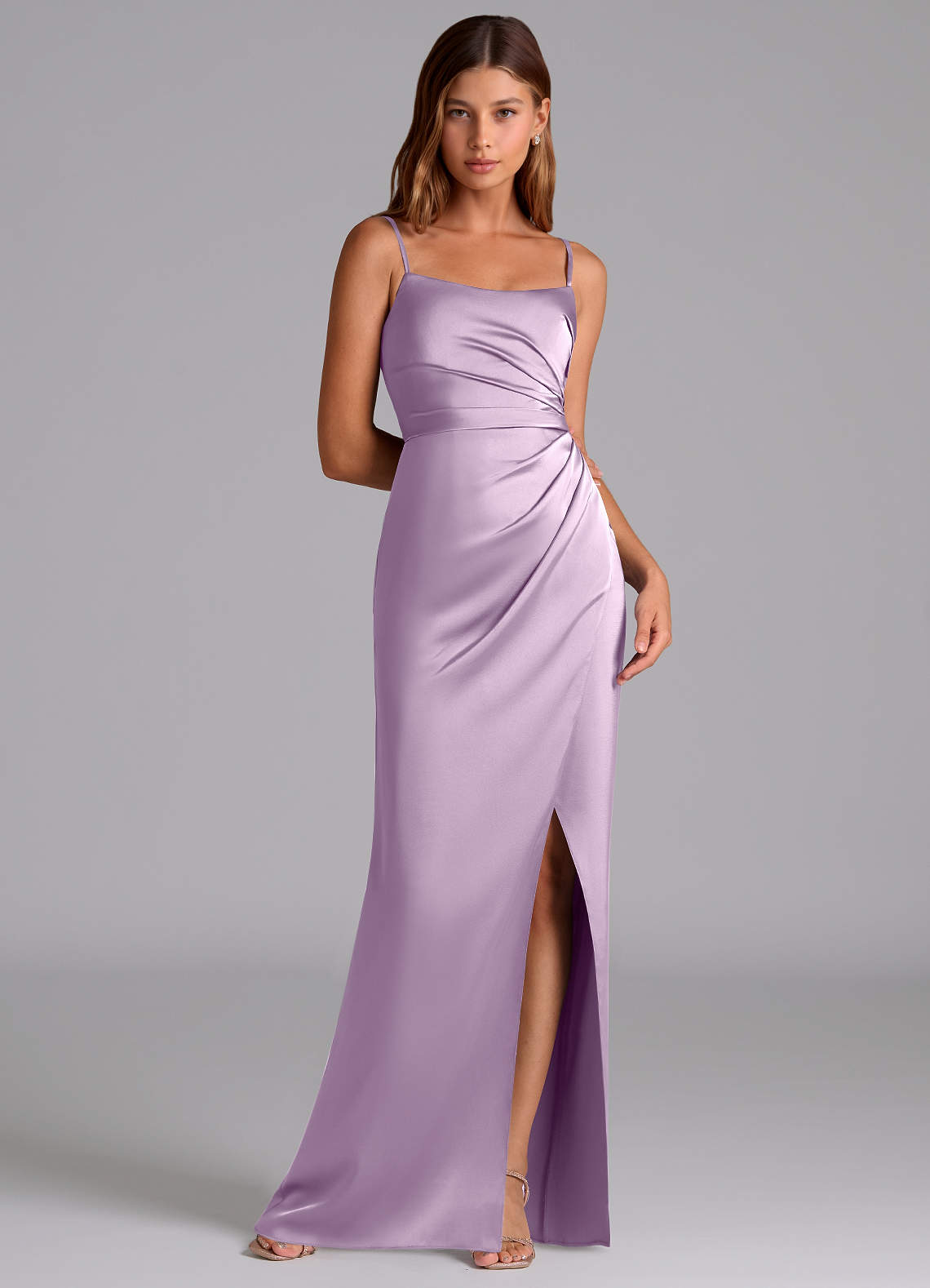 Azazie Calandra Suknie dla druhen Linia A Pofałdowany Satyna elastyczna Do ziemi Sukienka image1