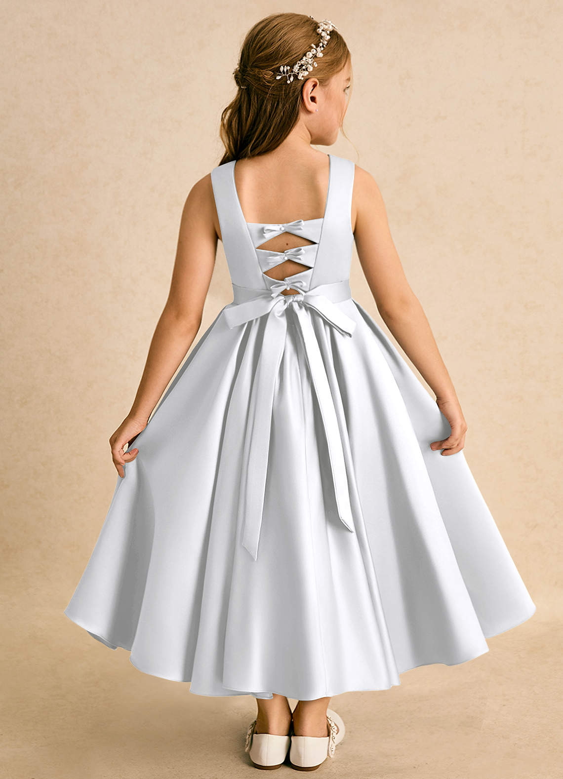 Azazie Junebuj Flower Girl Dresses White Ball-Gown Pleated Matte Satin Dress image1