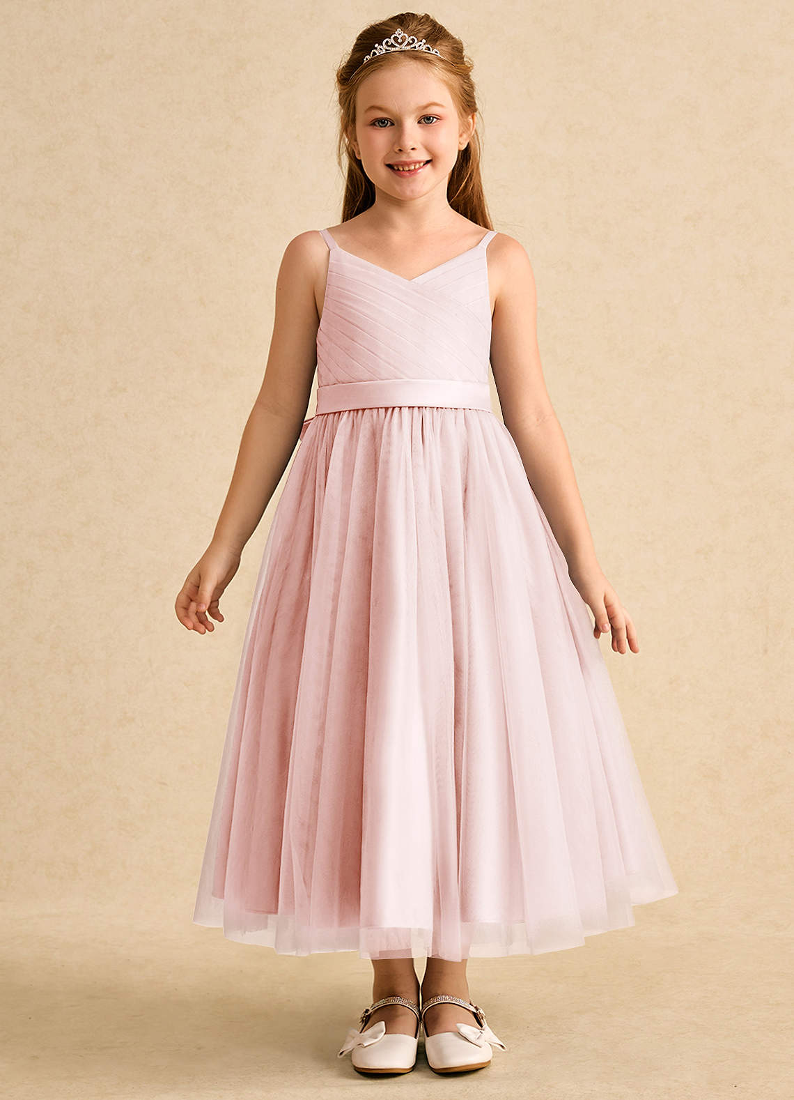 Azazie Patootie Flower Girl Dresses Blushing Pink A-Line Spaghetti Strap Tulle Dress image1