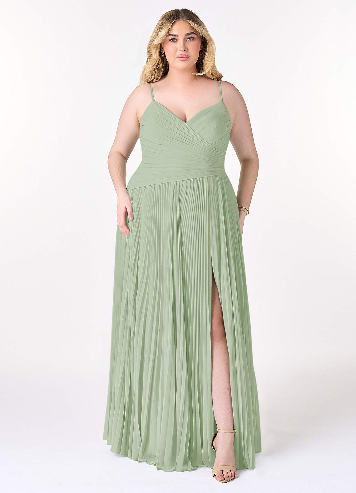 Azazie Vini Probar vestidos en casa Vestido de Matcha de Gasa de Corte en A con Cuello en V Plisado image6