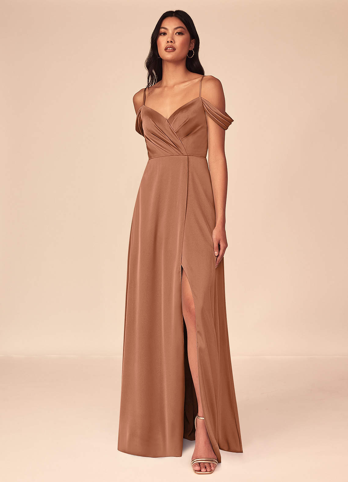 Azazie Ocean Bridesmaid Dresses Bronzer A-Line V-Neck Pleated Stretch Satin Dress image1
