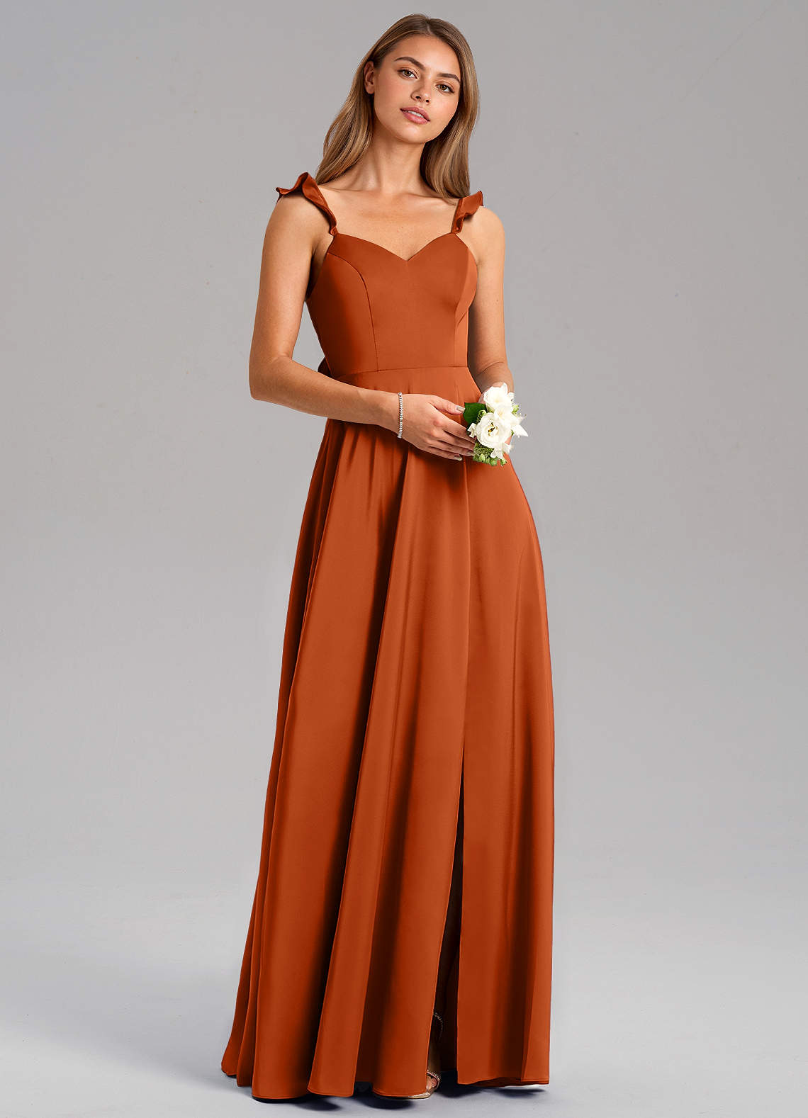 Azazie Everett Brautjungfernkleider A-Linie Stretch-Satin Kleid Gebranntes Orange image1