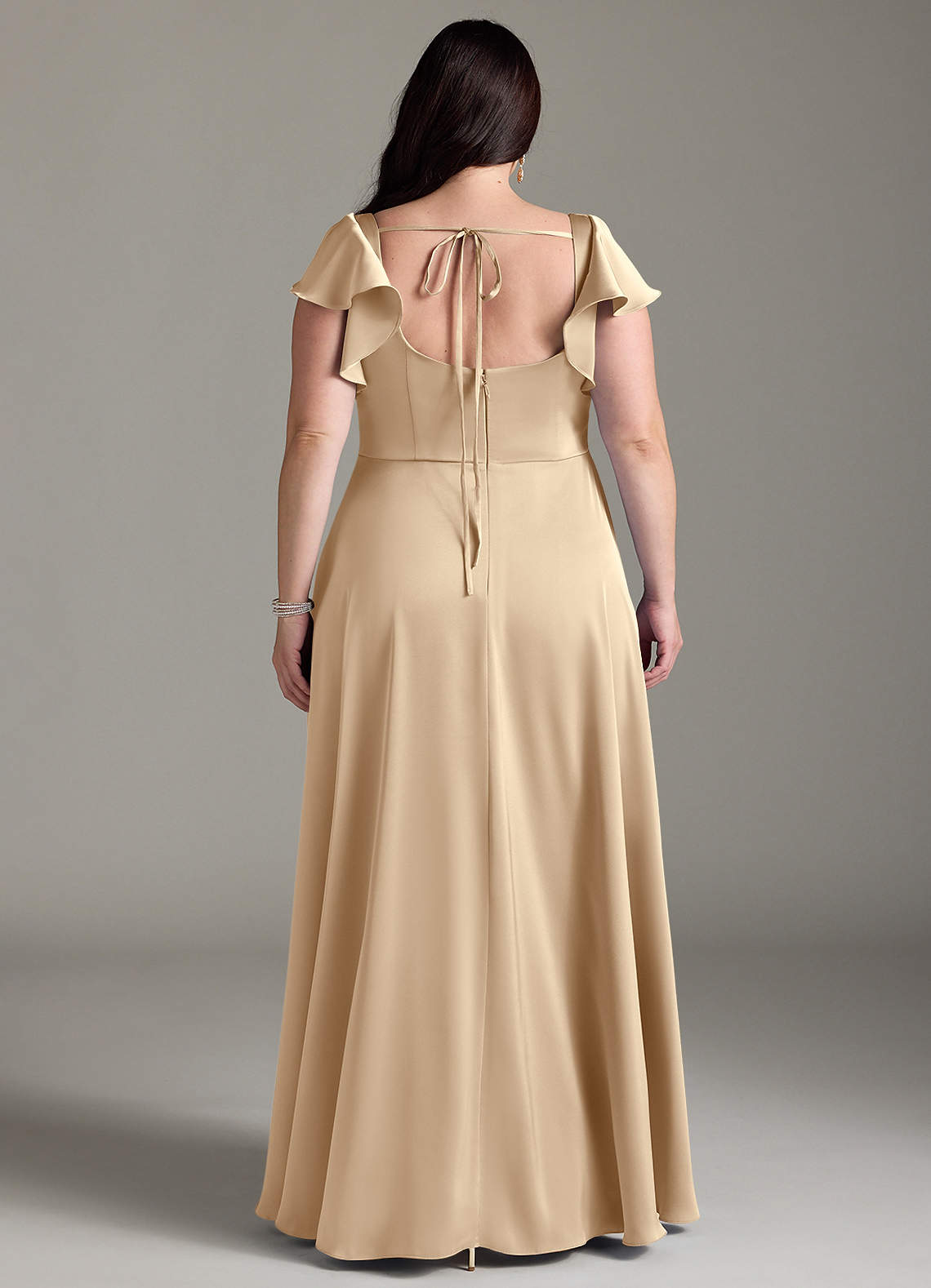 Azazie Bondi Bridesmaid Dresses Champagne A-Line Bow Stretch Satin Dress image6