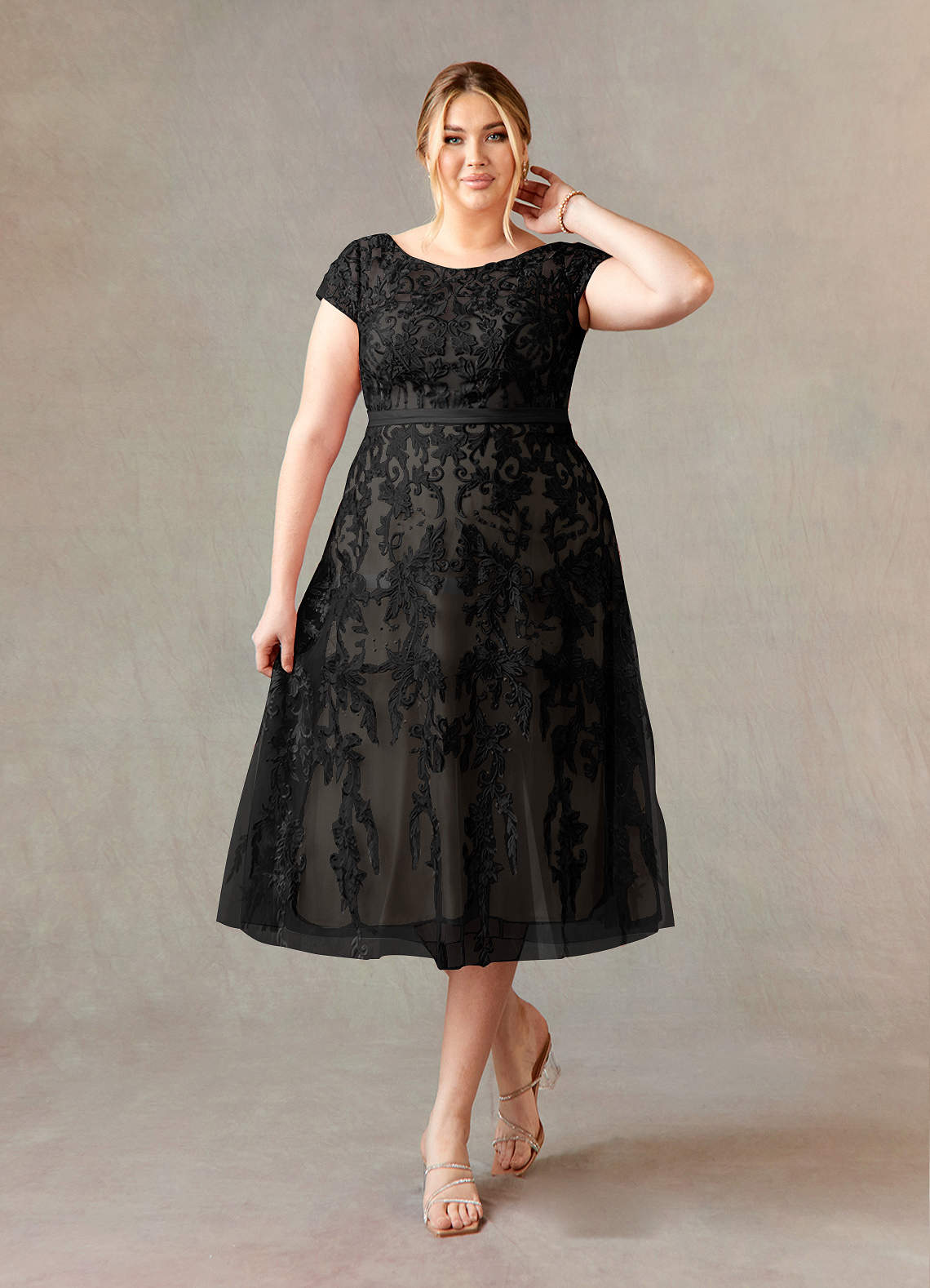 Azazie Sanna Black Champagne A-Line Scoop Lace Tulle Dress | Azazie