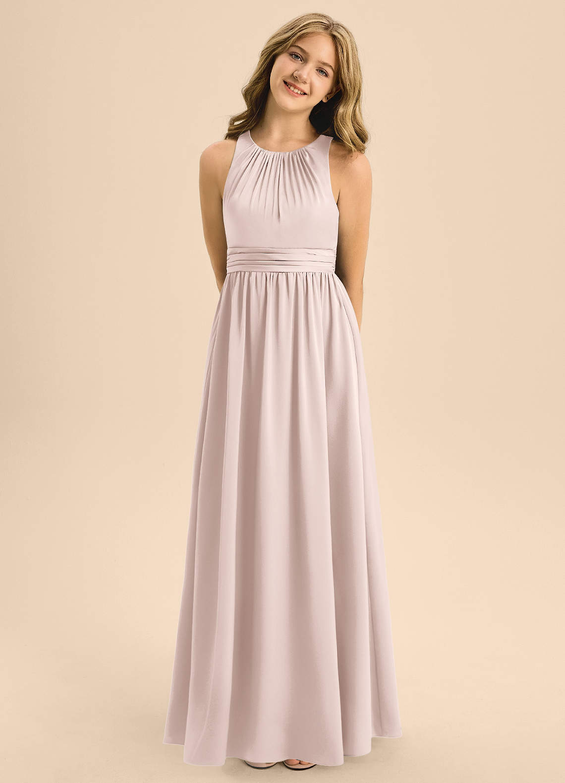 Azazie Jaylah Junior Vestido de Rosa Rubor de Satén Elástico de Corte en A con Plisado image4