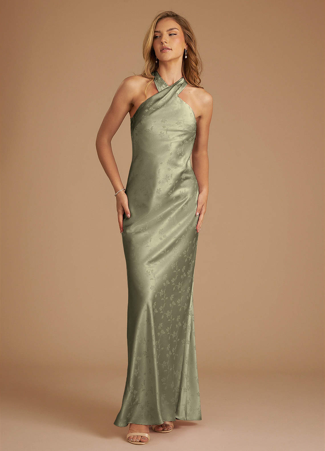Azazie Doretta Bridesmaid Dresses Olive Floral Jacquard Mermaid Pleated Floral Jacquard Dress image1