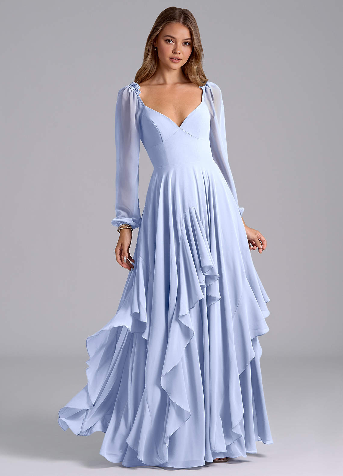 Azazie Karan Bridesmaid Dresses Ice A-Line Long Sleeve Chiffon Dress image1