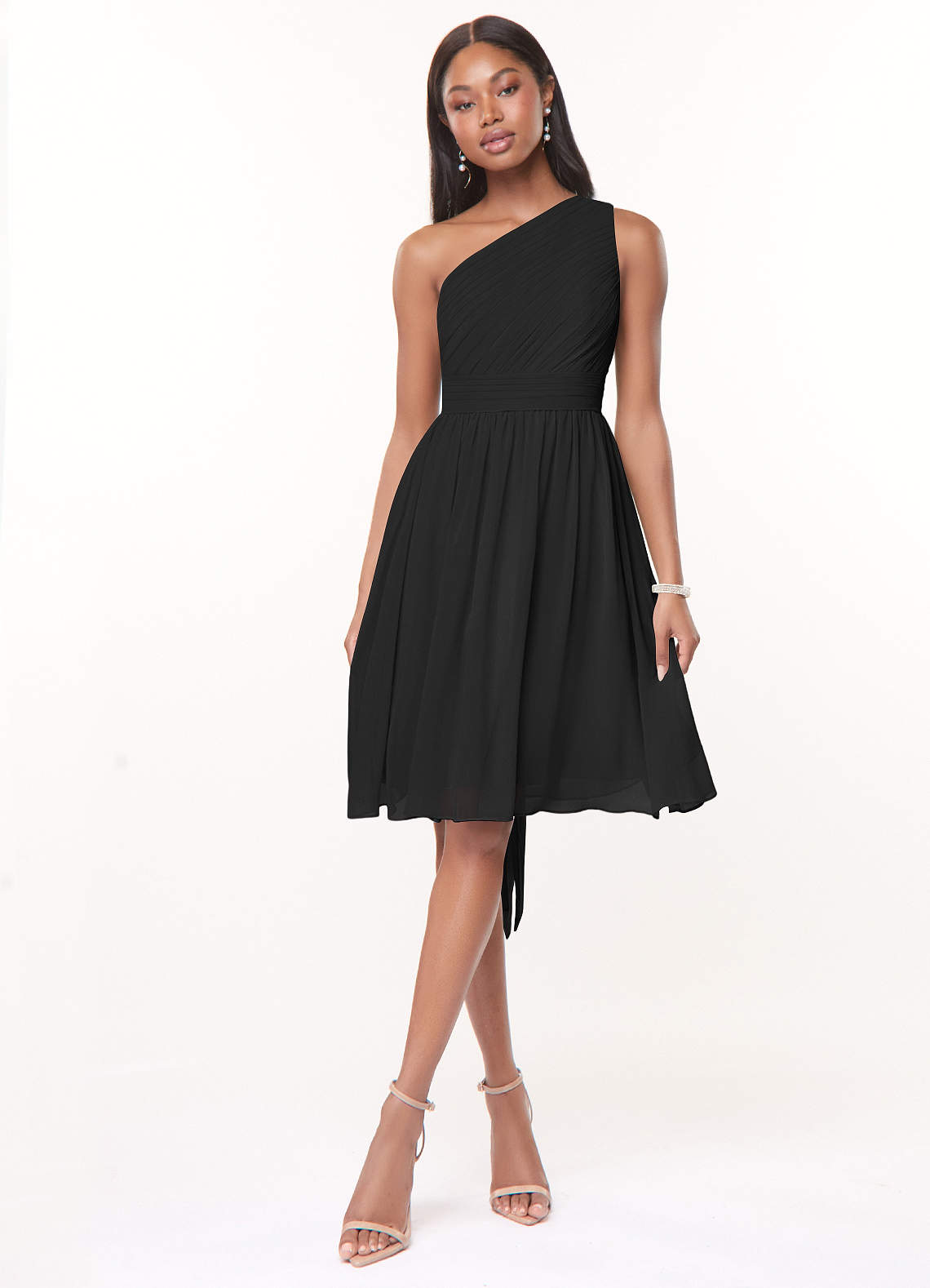 Azazie Katrina Bridesmaid Dresses Black A-Line One Shoulder Chiffon Dress image1