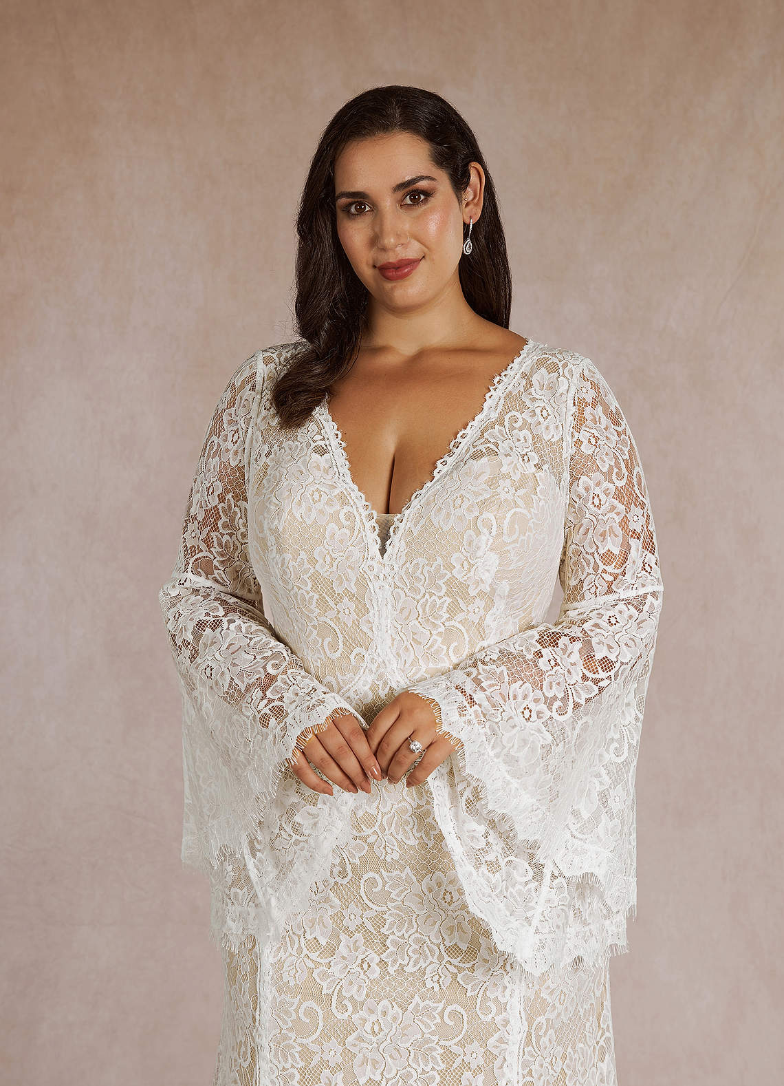 Azazie Hayes At-home Try On Dresses Diamond White Champagne Mermaid V-Neck Lace Dress image12