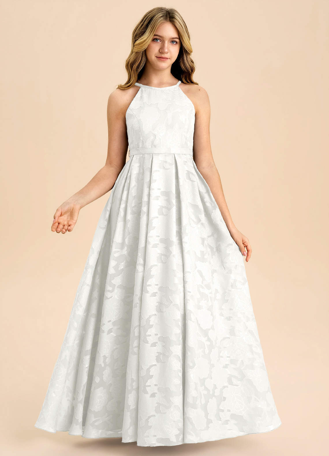 Azazie Arianthe Junior White A-Line Pleated Floral Burnout Dress image2