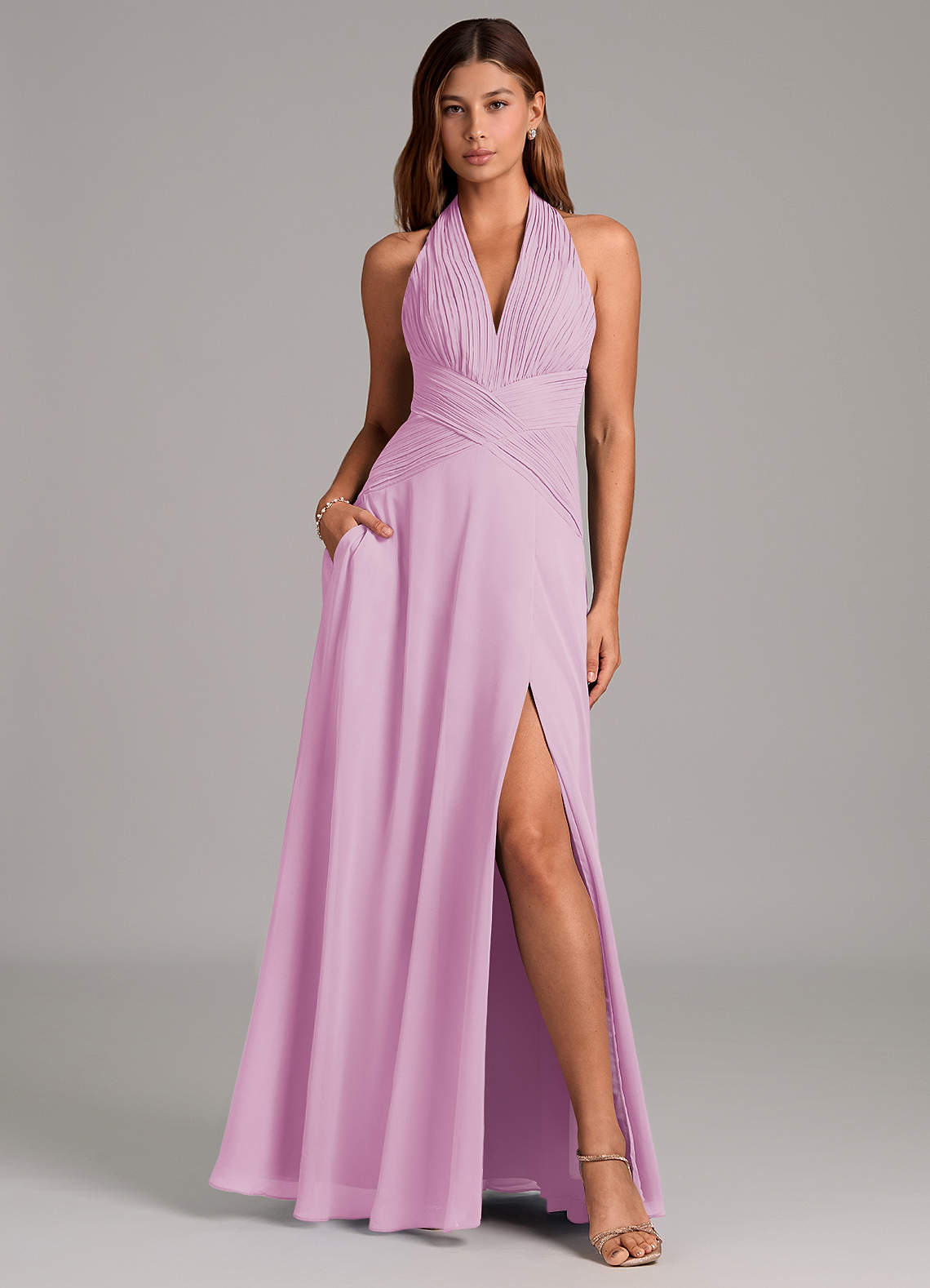 Azazie Elizabeth Robes de demoiselle d'honneur Robe Trapèze en Mousseline de soie Plissée Rose Bonbon image1