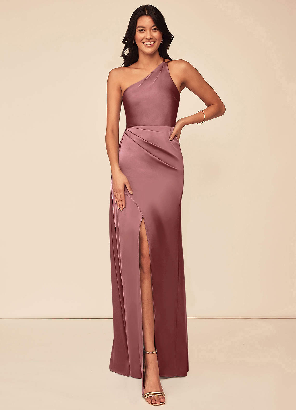 Azazie Maron Bridesmaid Dresses Amethyst A-Line One Shoulder Stretch Satin Dress image1