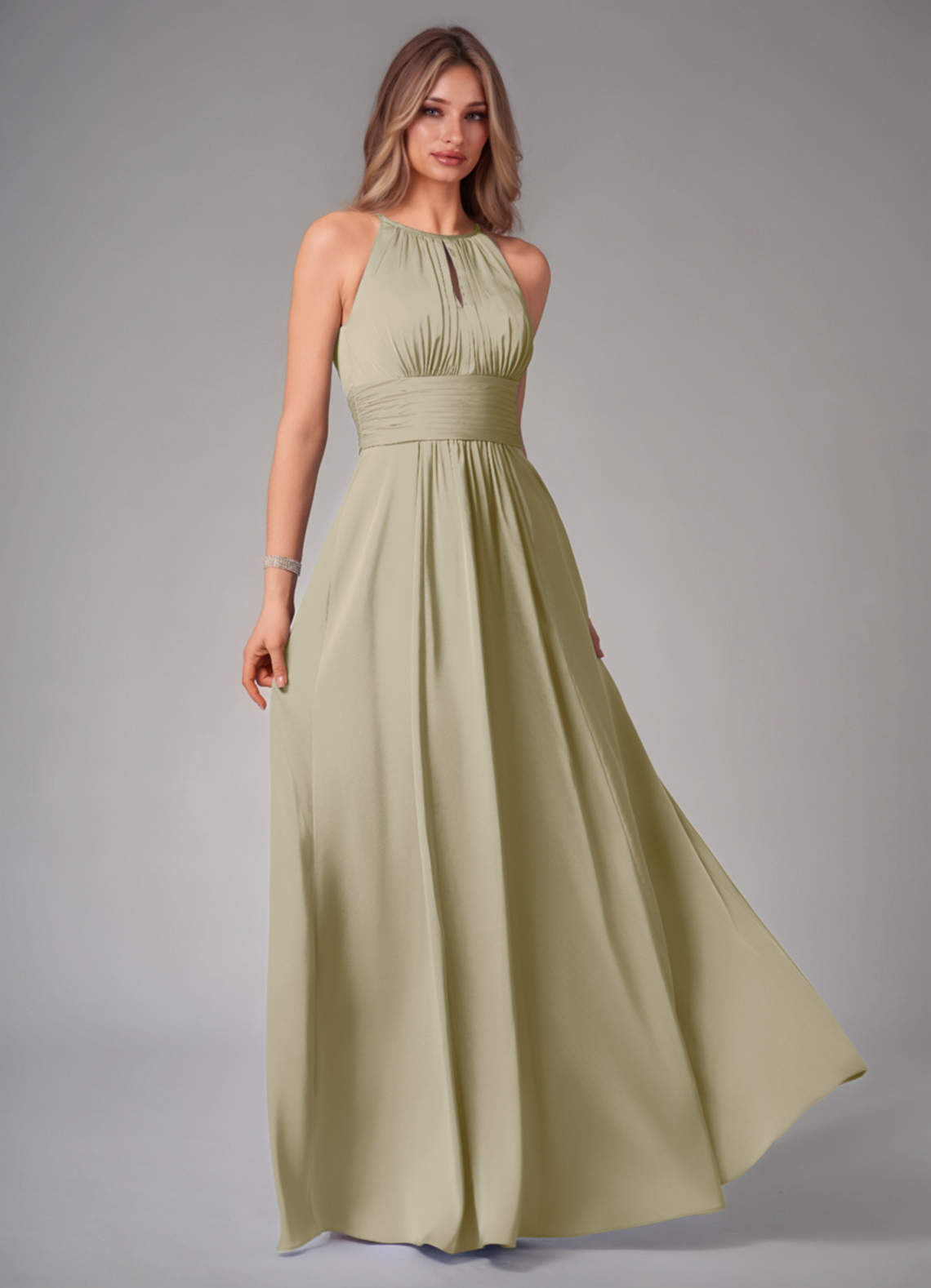 Azazie Bonnie Brautjungfernkleider A-Linie Plissee Stretch-Satin Kleid Moosgrün image1