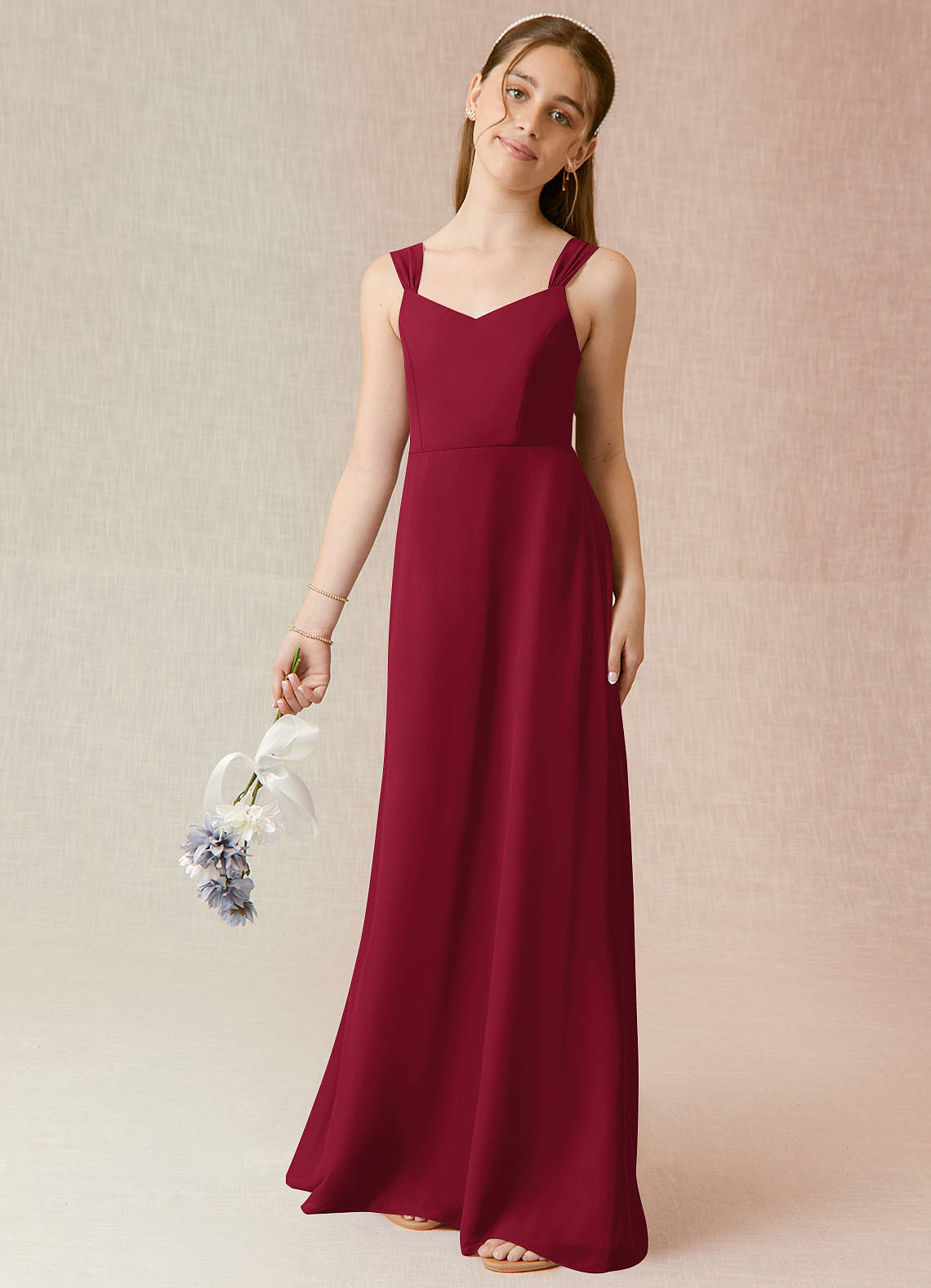 Azazie Denice Junior Burgundy A-Line Chiffon Dress image1