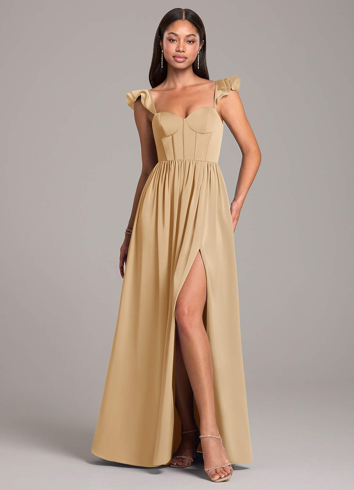 Azazie Denisse Brautjungfernkleider A-Linie Gestreift Stretch-Satin Kleid Gold image1