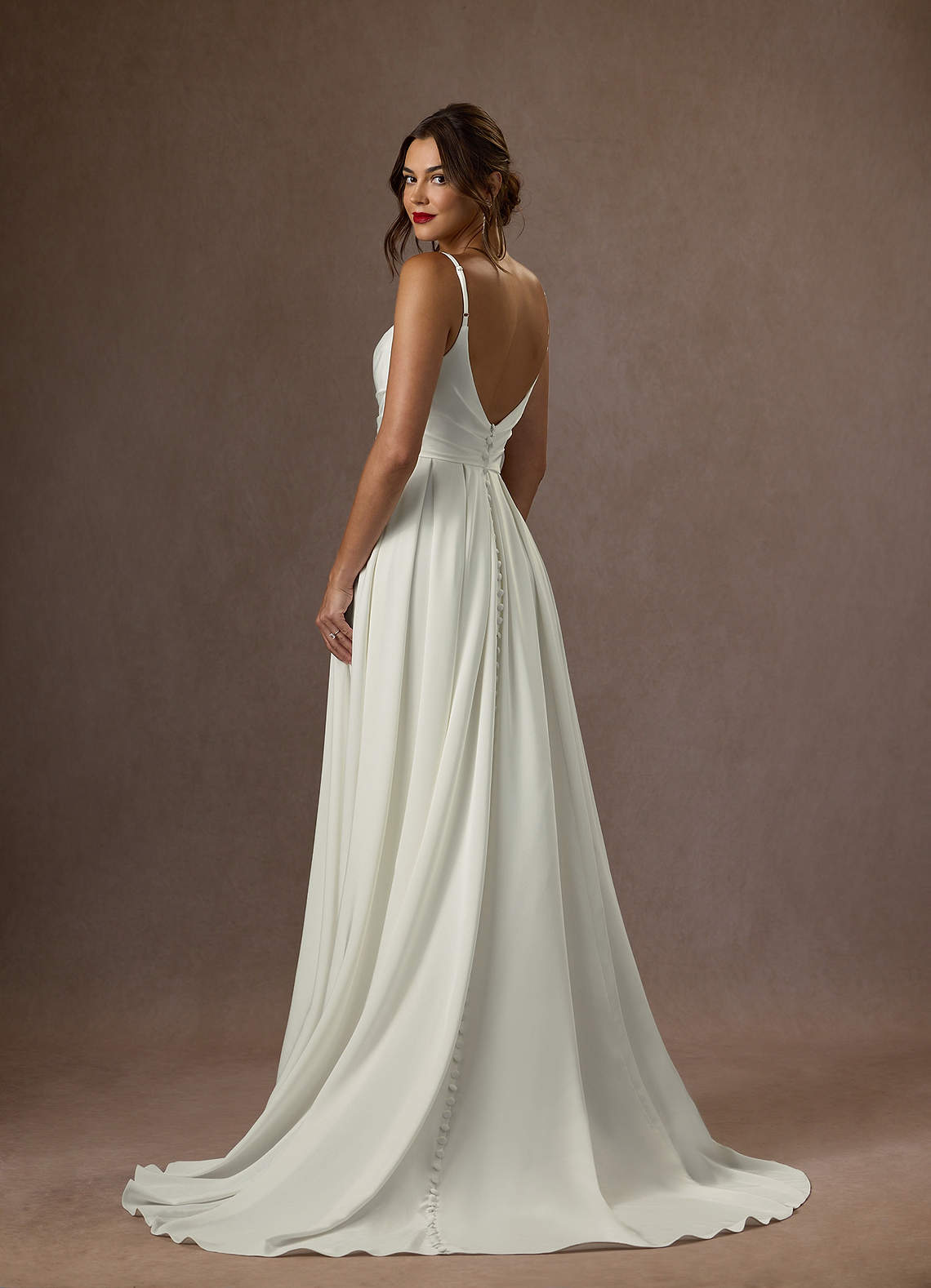 Azazie Caymus Cream A-Line Scoop Pleated Crepe Back Satin Dress