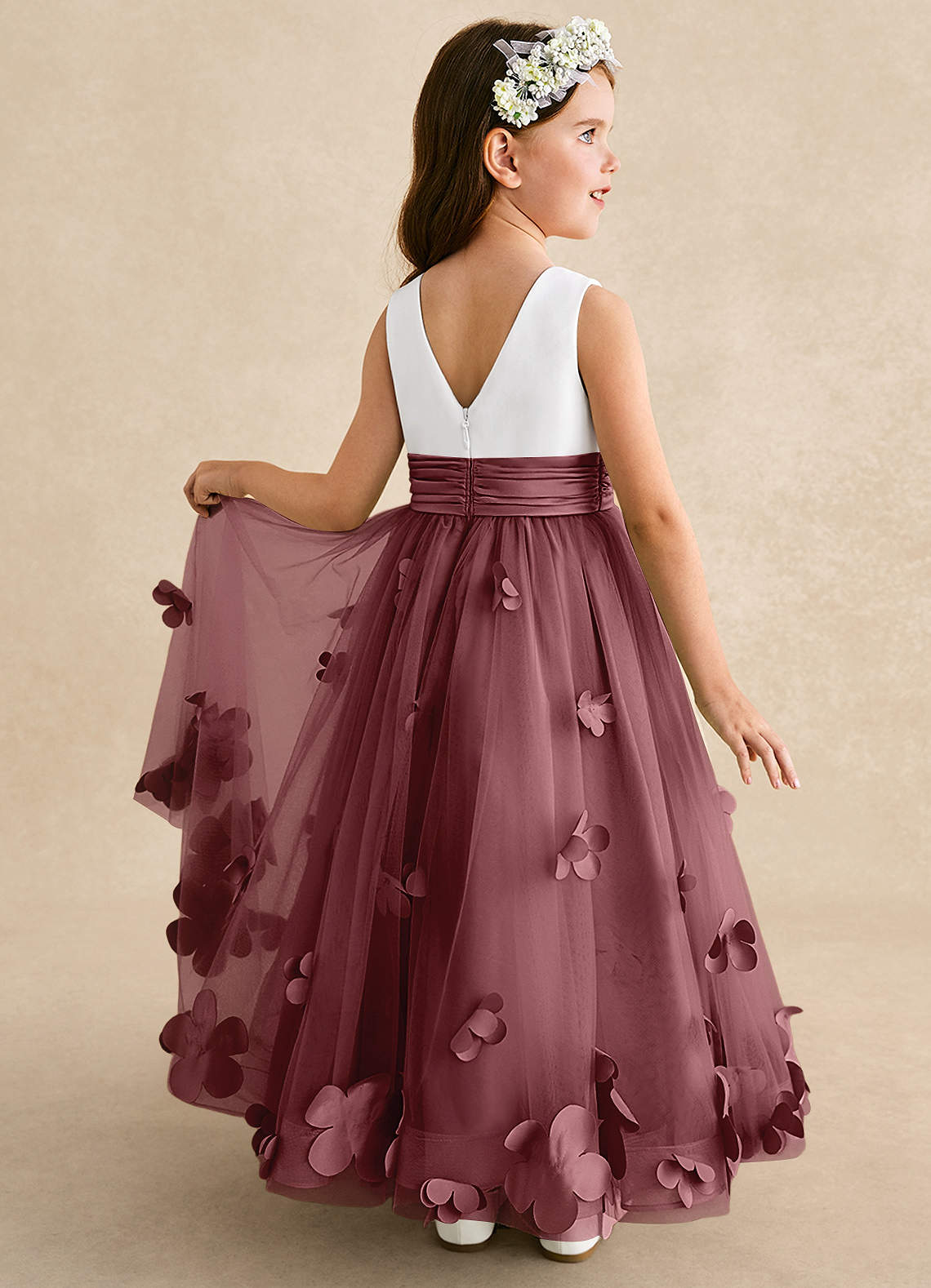 Azazie Vi vestidos de niña de las flores Vestido de Rosa Del Desierto de Tul de Corte En A con Sin mangas image1