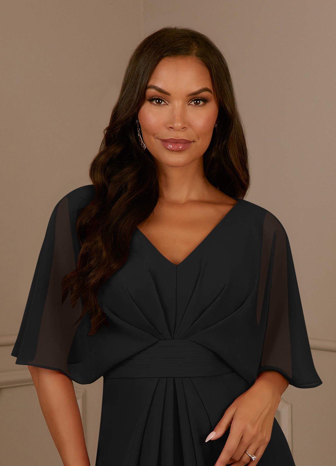 Azazie Oksana Black A-Line V-Neck Pleated Chiffon Dress | Azazie