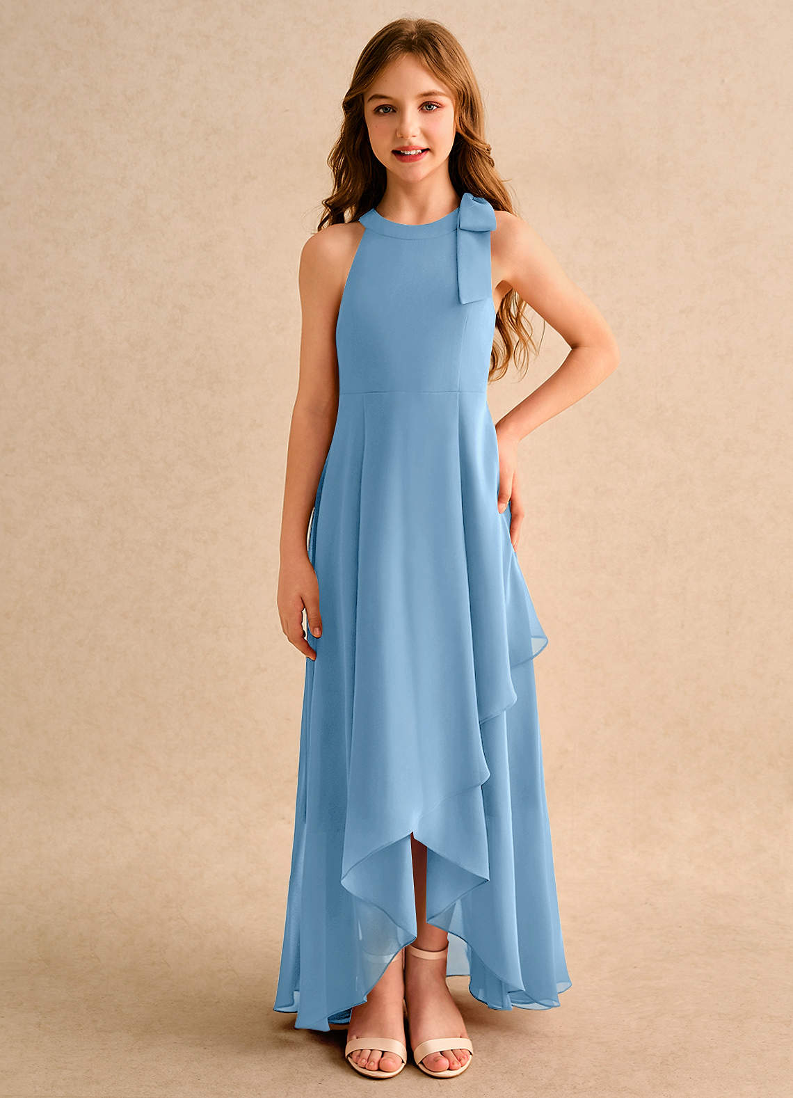 Azazie Boop Girls Formal Sukienki dla dziewczynek sypiących kwiaty Linia A Ukłon Szyfon Asymetryczny Sukienka image2
