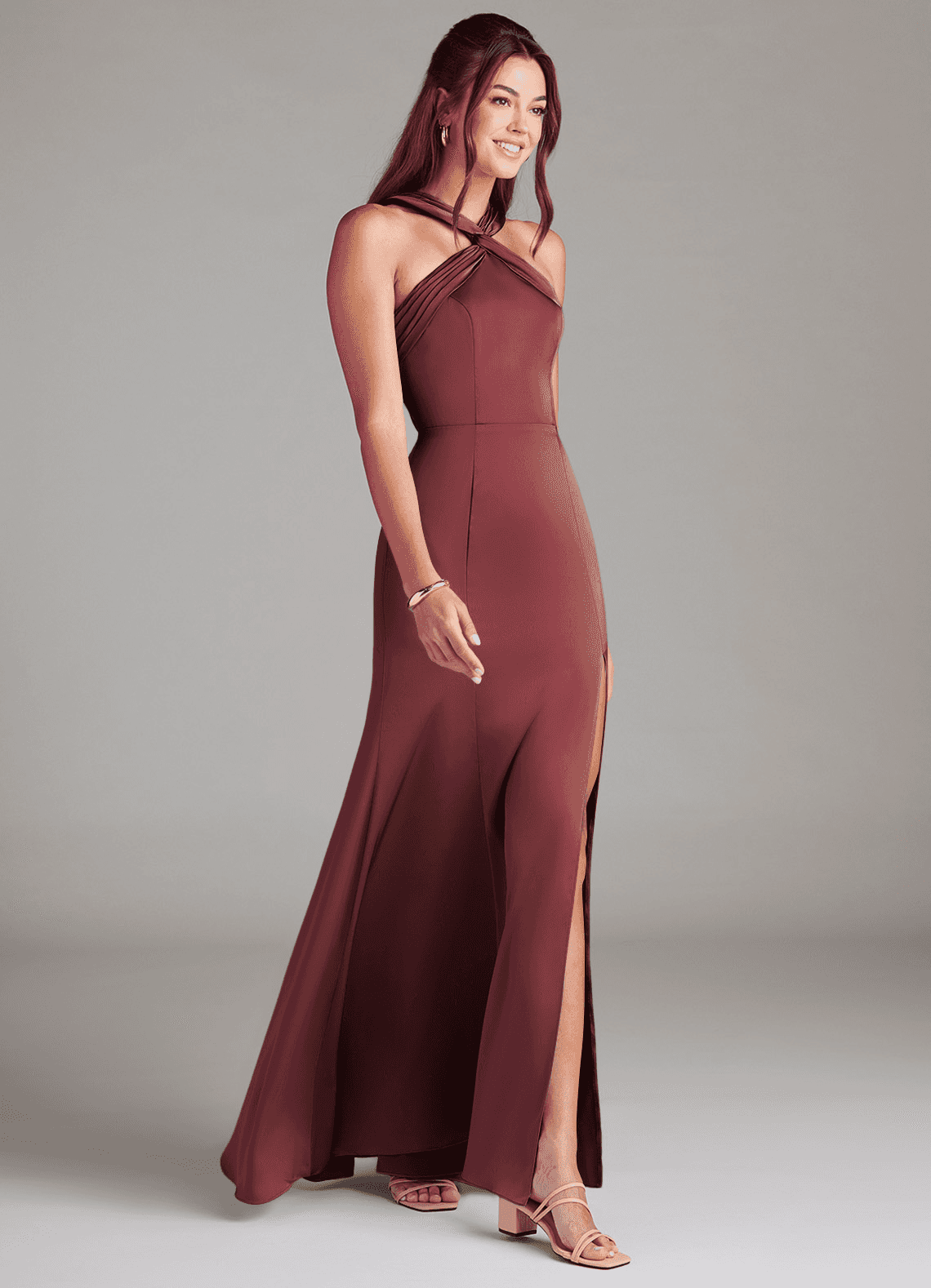 Azazie Rue Bridesmaid Dresses Merlot A-Line Pleated Stretch Satin Dress image2