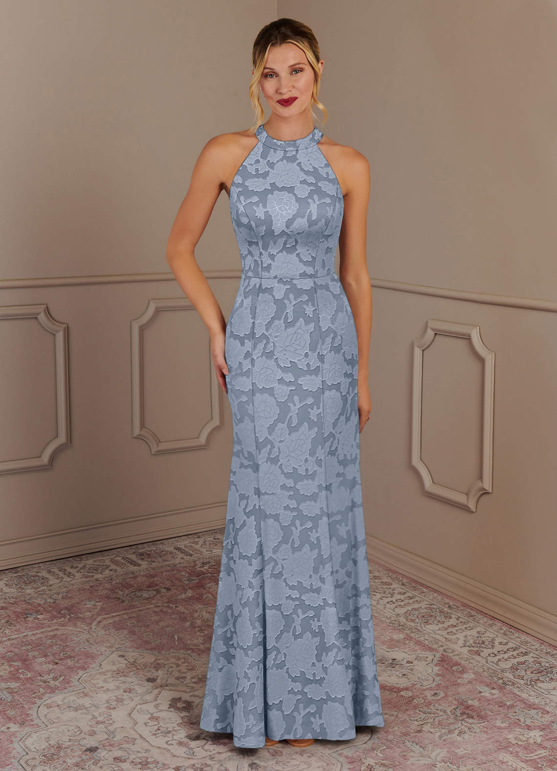 Azazie Tyra vestidos de madre de la novia Vestido de Azul Polvoriento de Devorado Floral de Sirena image1