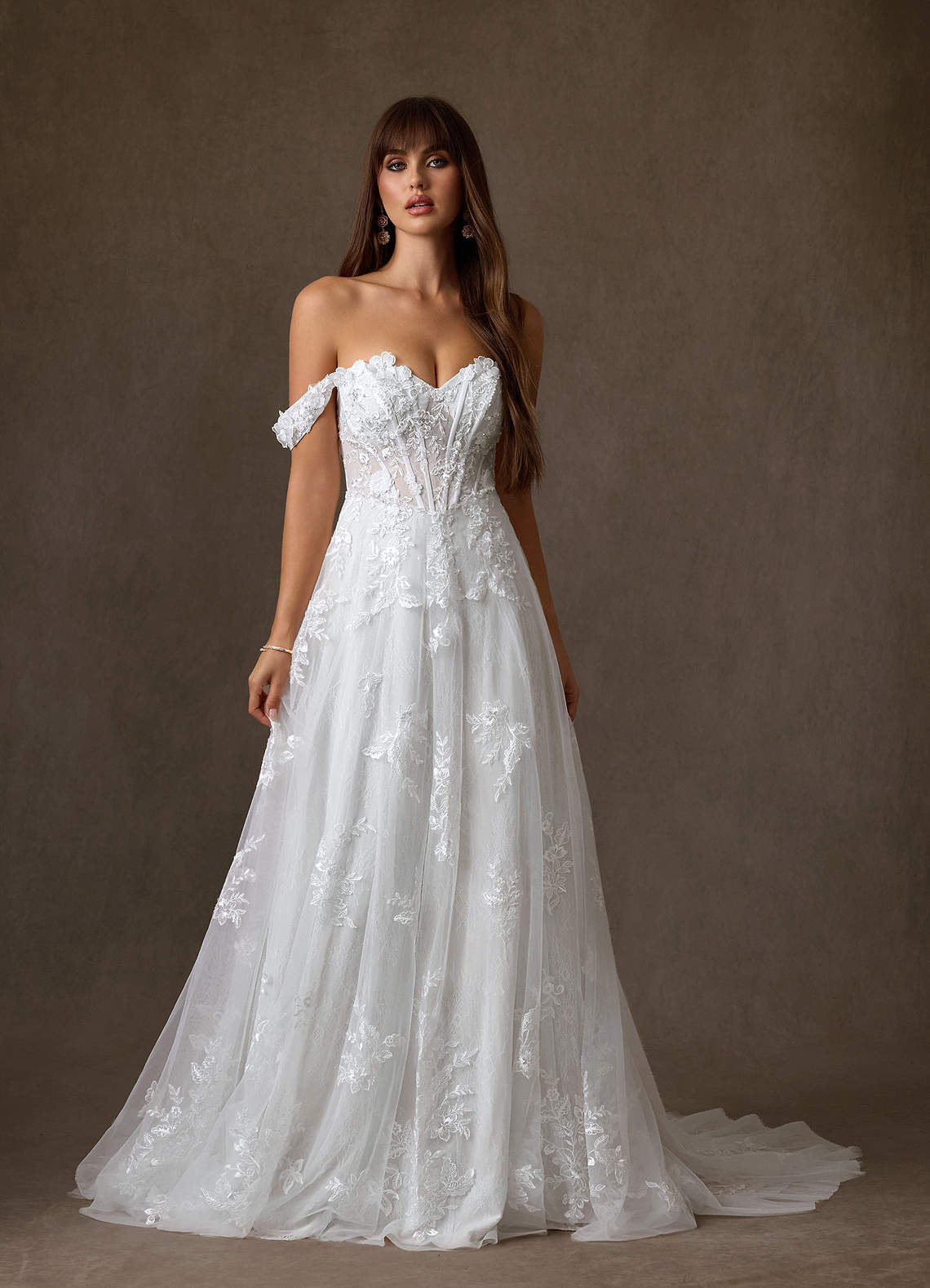 Azazie 2026 A-Line Sexy White Sparkly Wedding Dress Beaded Chapel Train Lace Off The Shoulder 3D Florals