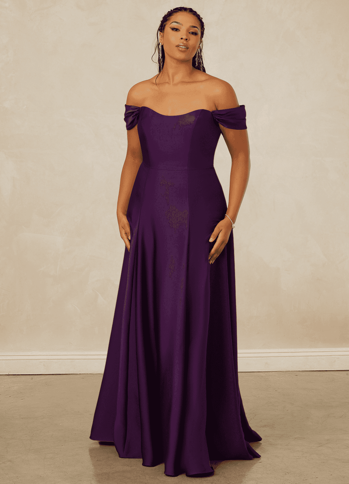 Christian Siriano Bridal for Azazie 1002 Bridesmaid Dresses Grape A-Line Off the Shoulder Stretch Satin Convertible Dress image1