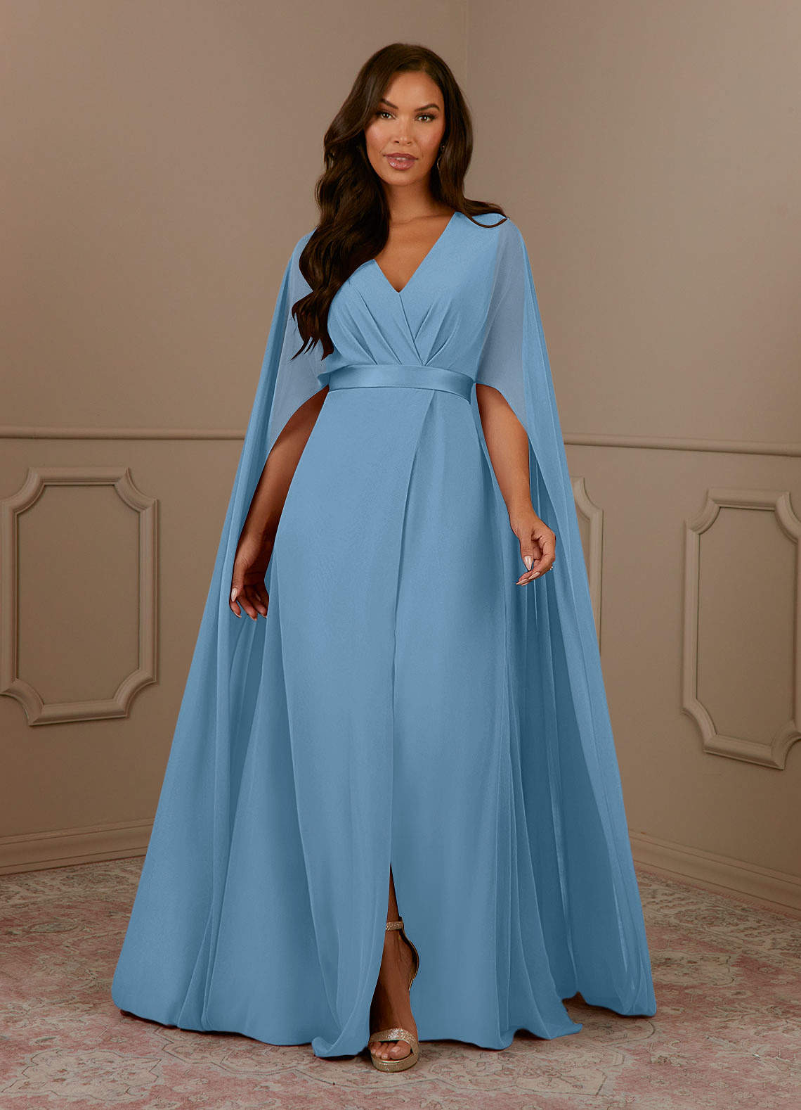 Azazie Isa vestidos de madre de la novia Vestido de Azul Acero de Gasa de Corte En A con Cuello en V plisado image1