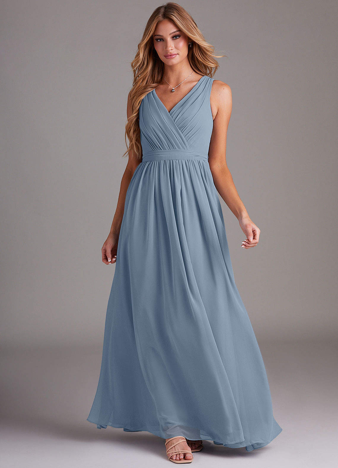 Azazie Kingsley Bridesmaid Dresses Dusty Blue A-Line Lace Chiffon Dress image2