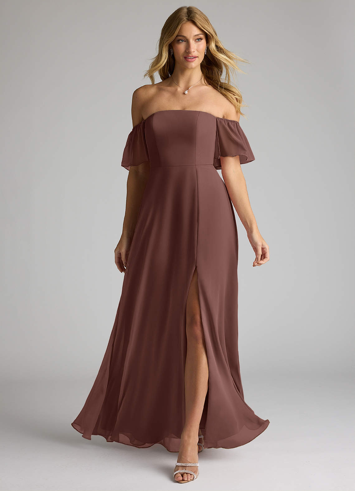 Azazie Sue Bridesmaid Dresses Espresso A-Line Off the Shoulder Chiffon Convertible Dress image1